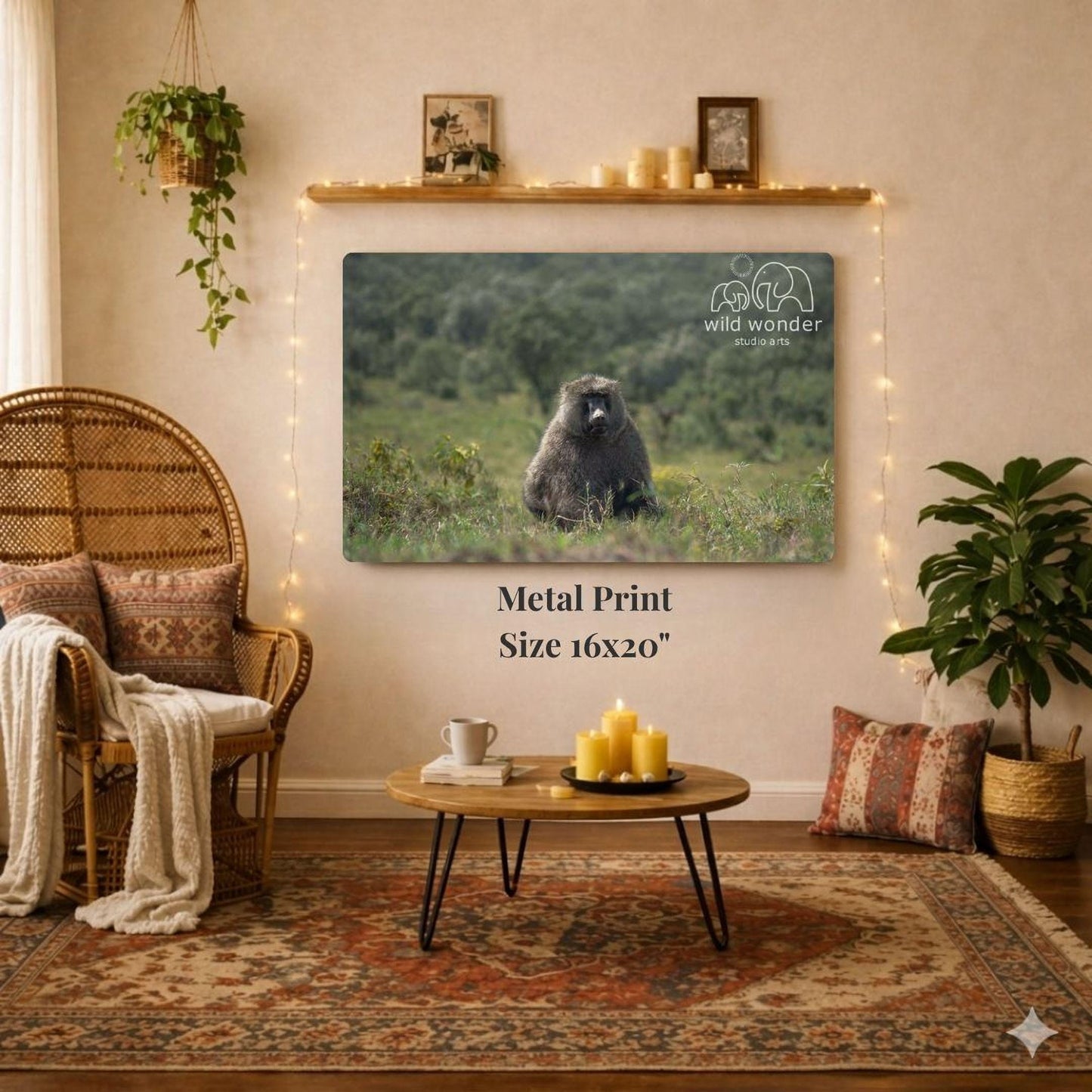 a cozy living room with a large metal print of a wild animal, likely a bear, hanging on the wall. The print is 16x20 inches in size and is surrounded by various decorative elements such as a wicker chair, a coffee table, and a potted plant.