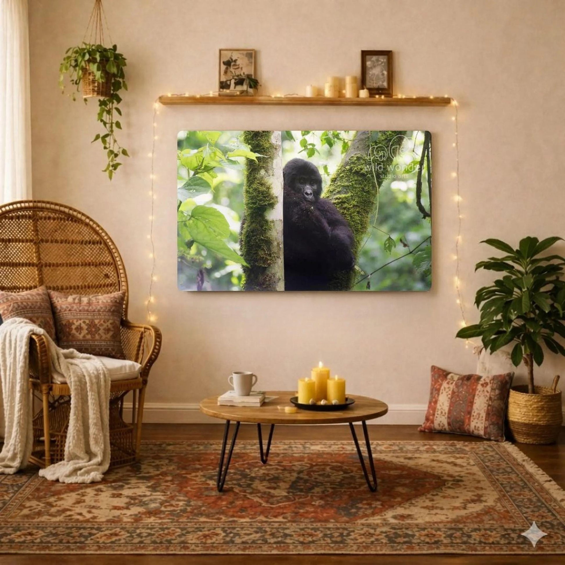 a cozy living room with a large metal print of a gorilla perched on a tree branch hanging on the wall. The room is decorated with a wicker chair, a coffee table, and various plants, creating a warm and inviting atmosphere.