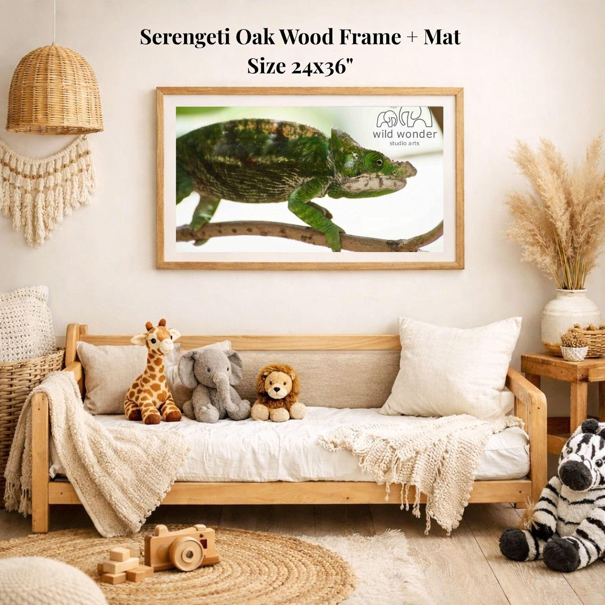 a cozy living room with a wooden frame and mat, a sofa with stuffed animals, and a framed photograph of a chameleon on the wall.