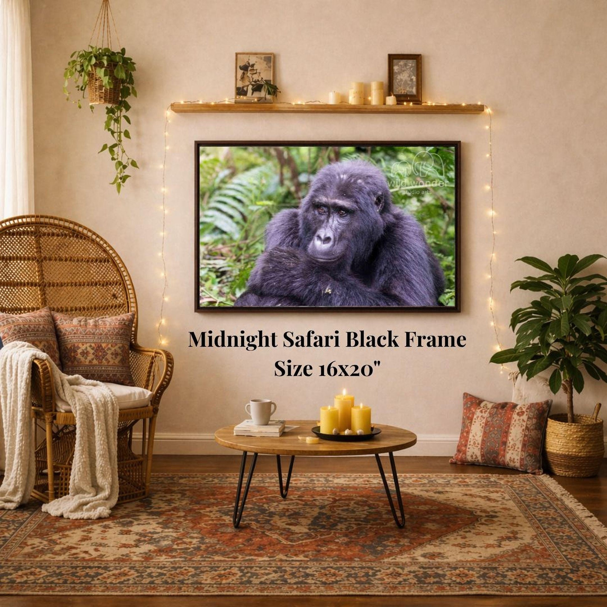 a living room with a large framed photograph of a gorilla hanging on the wall. The room has a cozy and inviting atmosphere, with a wicker chair, a coffee table, and various decorative elements such as plants and candles.