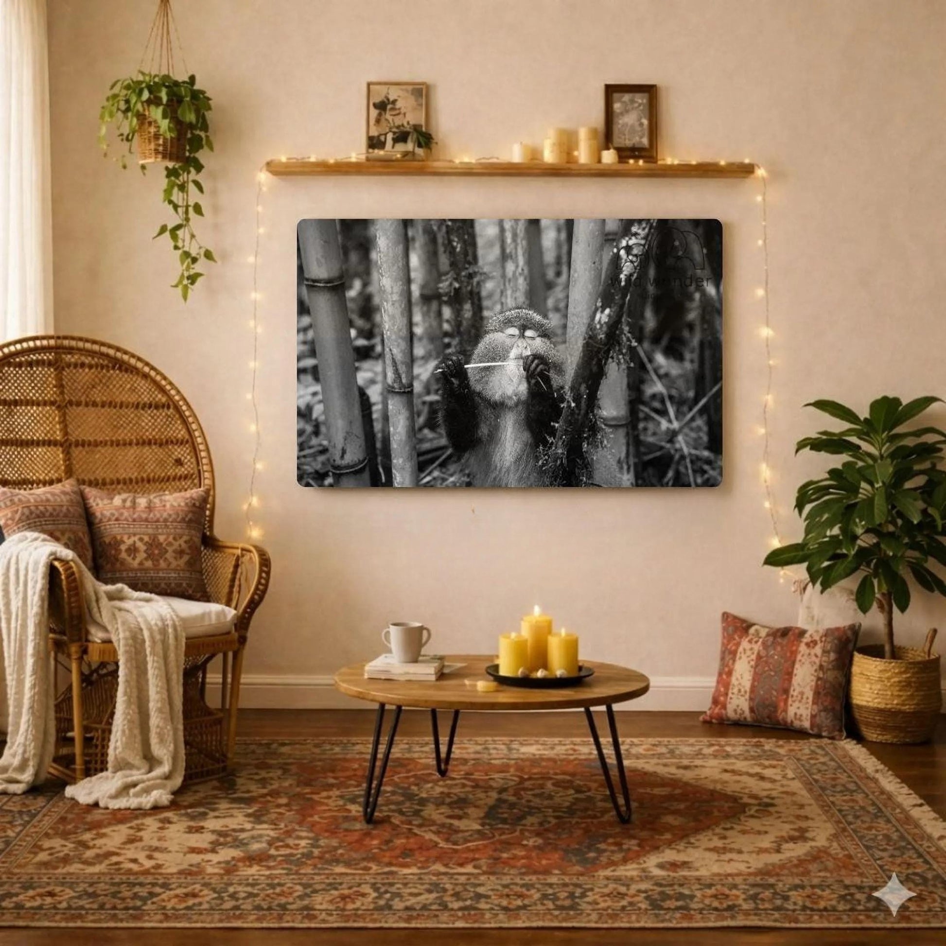 The image is a cozy living room with a wicker chair, a coffee table, and a large black and white photograph of a bamboo forest hanging on the wall. The photograph is framed and has the text "Metal Print Size 16x20" printed on it.