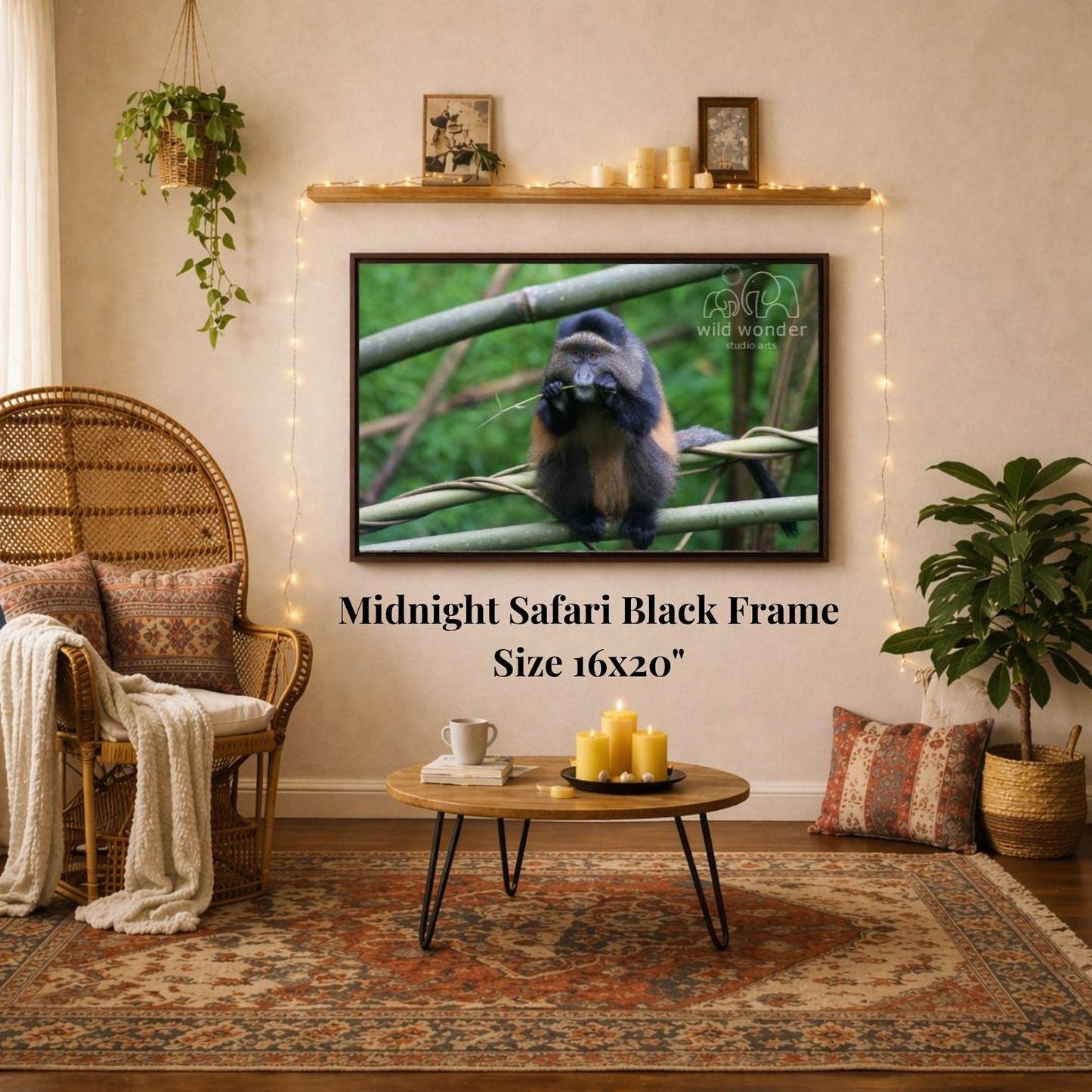 a living room with a large framed photograph of a black-faced capuchino monkey hanging on the wall. The photograph is framed in a 16x20" size. The room is decorated with a wicker chair, a coffee table, and a potted plant. The overall setting appears to be a cozy and comfortable living space.