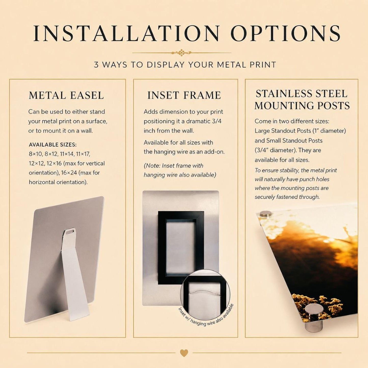 The image provides information about three different ways to display a metal print, including a metal easel, an insert frame, and a stainless steel mounting post.