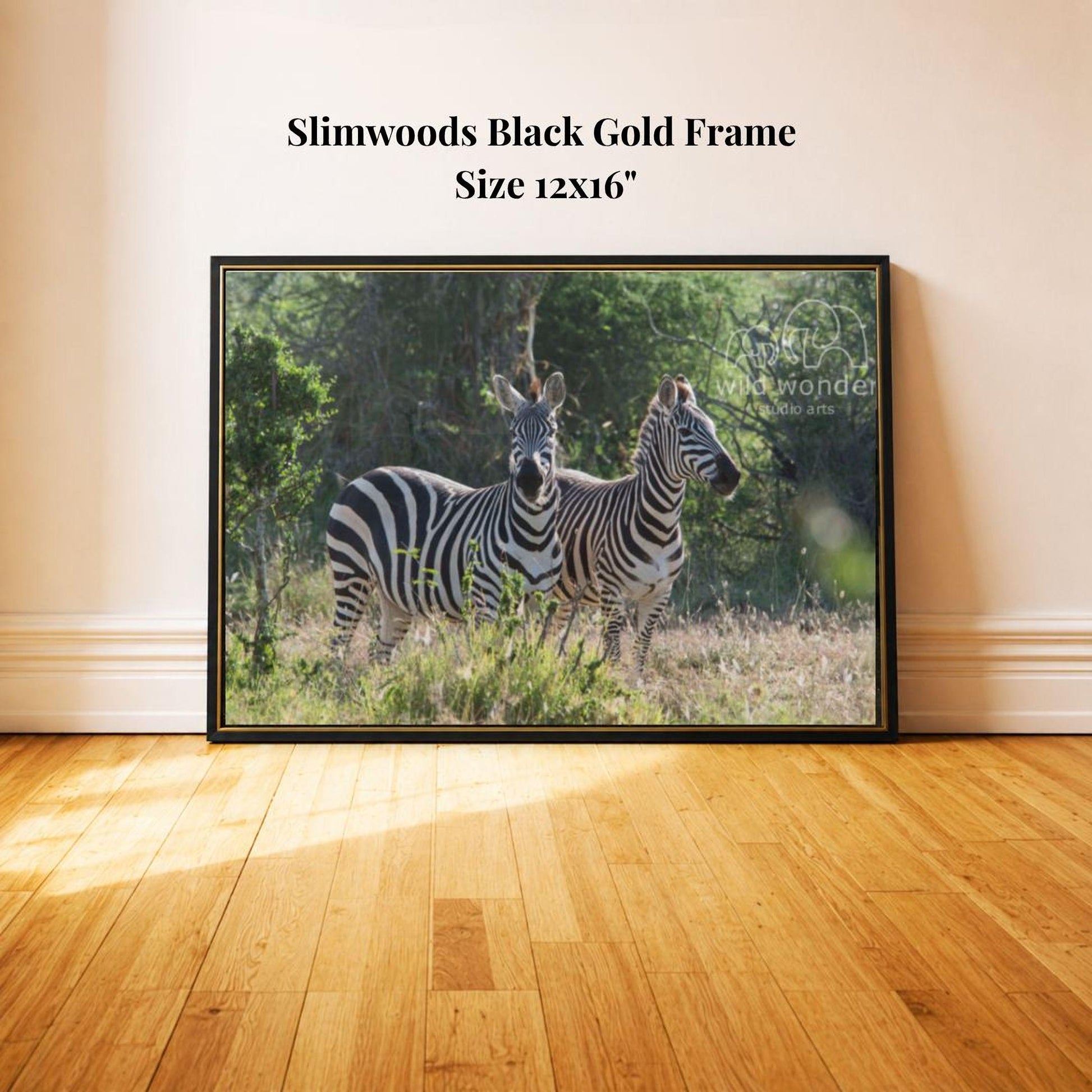 A framed photograph of two zebras standing in a grassy field, with a black gold frame.