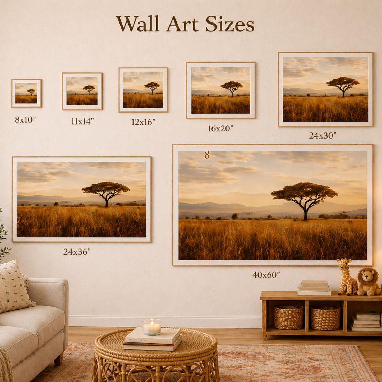 a collection of wall art sizes, including a large framed picture of a tree in a field, smaller framed pictures, and a large framed picture of a tree in a field. The wall art sizes range from 8x10" to 24x36" and 16x20" to 24x30", providing a variety of options for viewers to choose from.