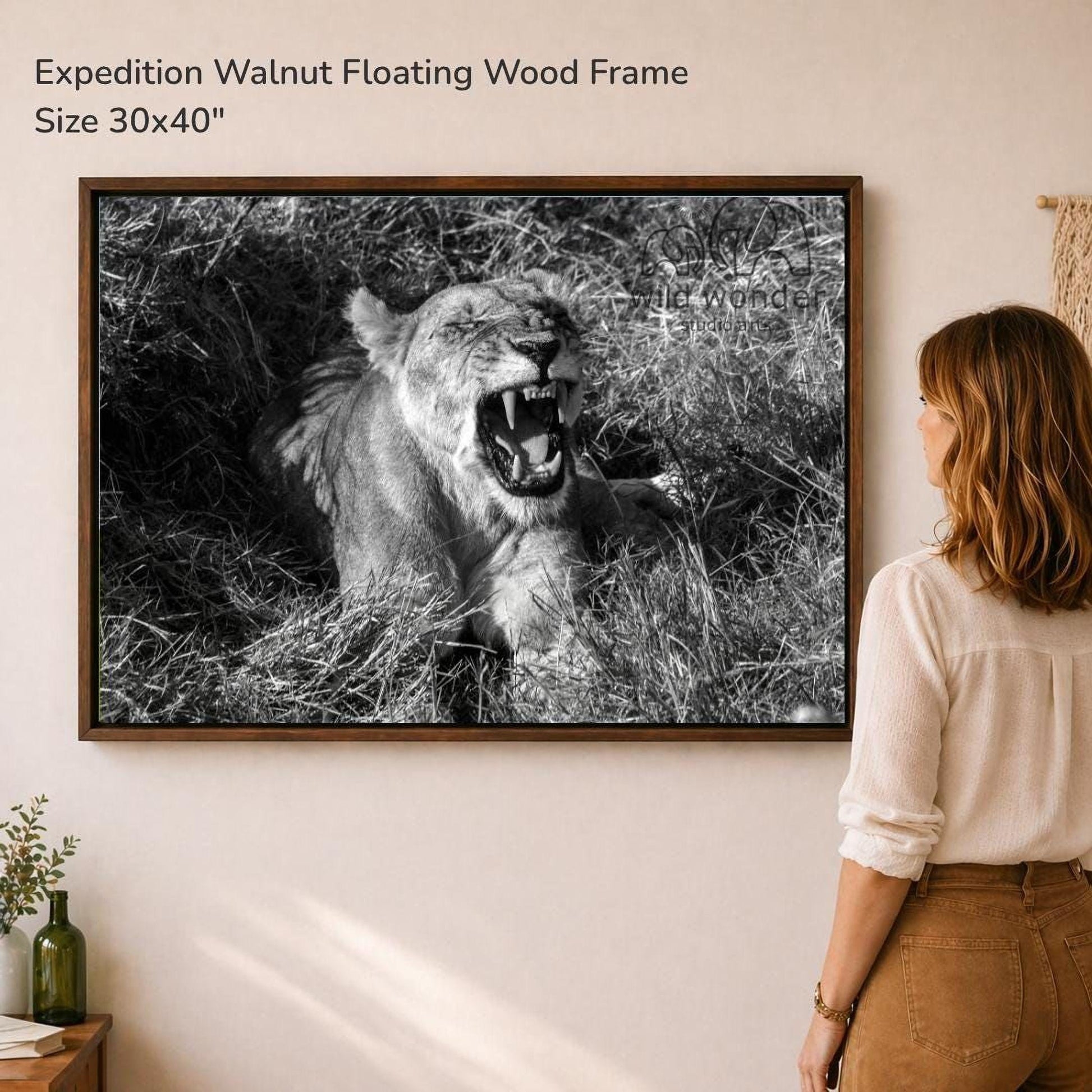 A woman is standing in front of a framed photograph of a lion in a grassy field, looking at the artwork.