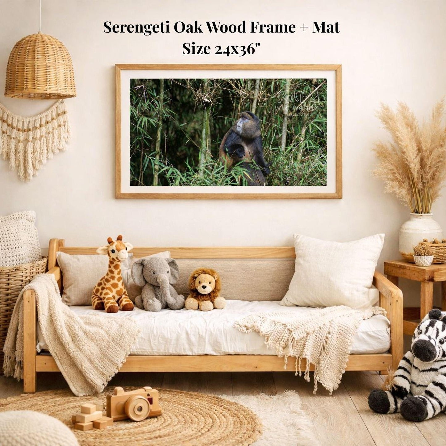 a serene indoor setting with a wooden frame and mat hanging on the wall, displaying a photograph of a monkey in a lush green forest. The room is decorated with various stuffed animals, including a giraffe, elephant, lion, and zebra, arranged on a couch and a bed. A wooden toy camera is also present in the scene.