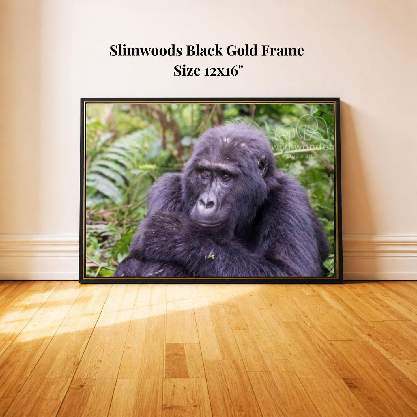 A black and gold framed photograph of a gorilla resting in a lush, green forest environment.