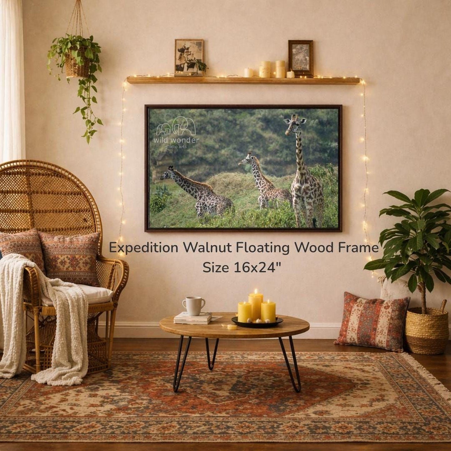 a living room with a large 16x24" walnut floating wood frame hanging on the wall, a coffee table in front of it, and a wicker chair. The room is decorated with plants, candles, and a rug, creating a cozy and inviting atmosphere.
