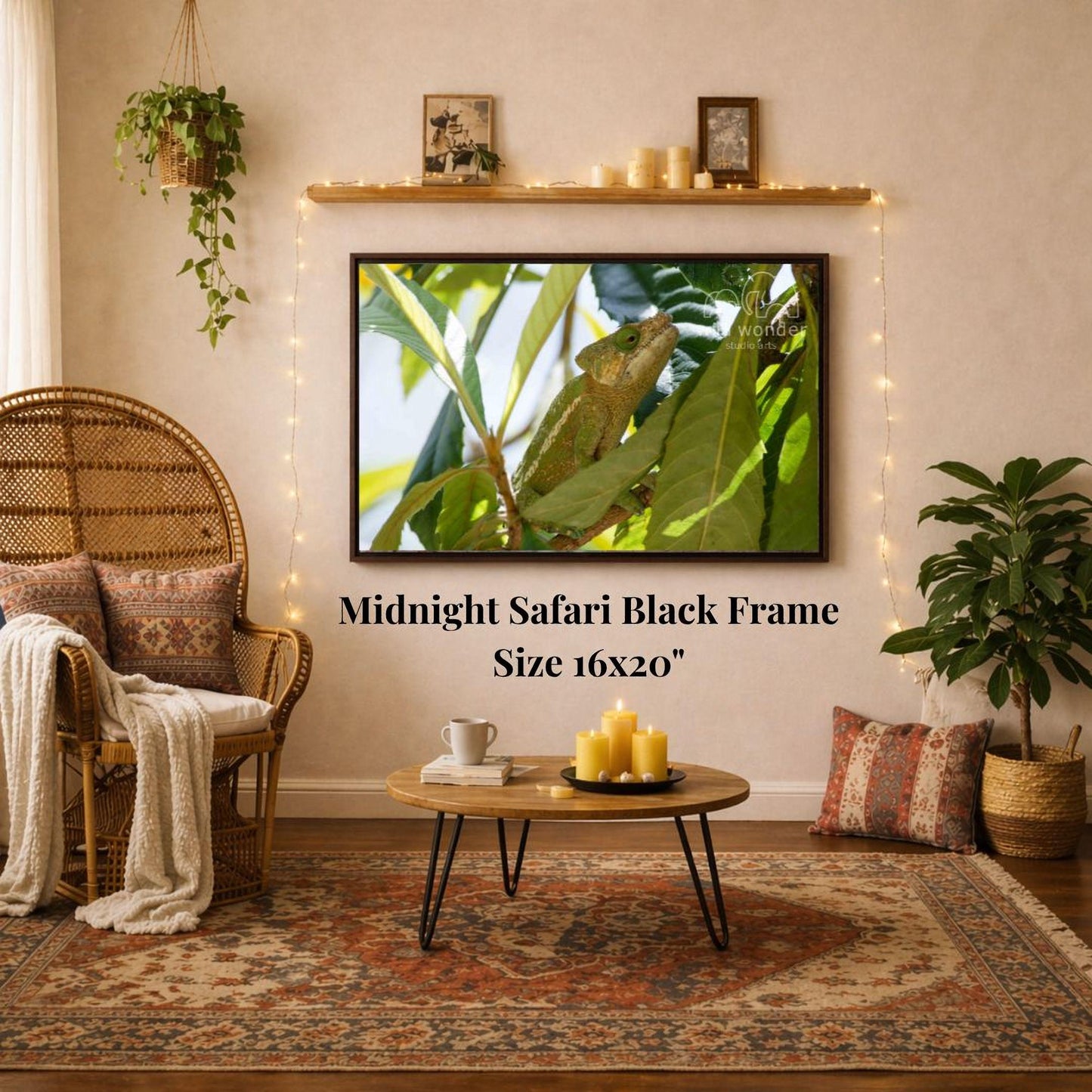 a living room with a large framed picture of a chameleon hanging on the wall. The room has a wicker chair, a coffee table, and a potted plant. The picture has a black frame and is 16x20 inches in size.