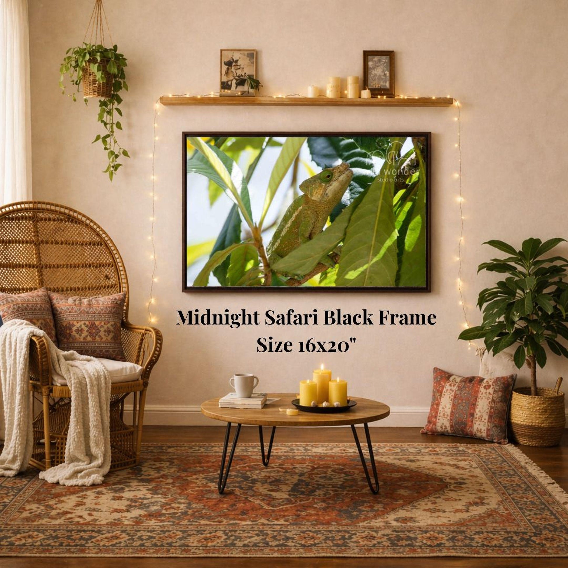 a living room with a large framed picture of a chameleon hanging on the wall. The room has a wicker chair, a coffee table, and a potted plant. The picture has a black frame and is 16x20 inches in size.