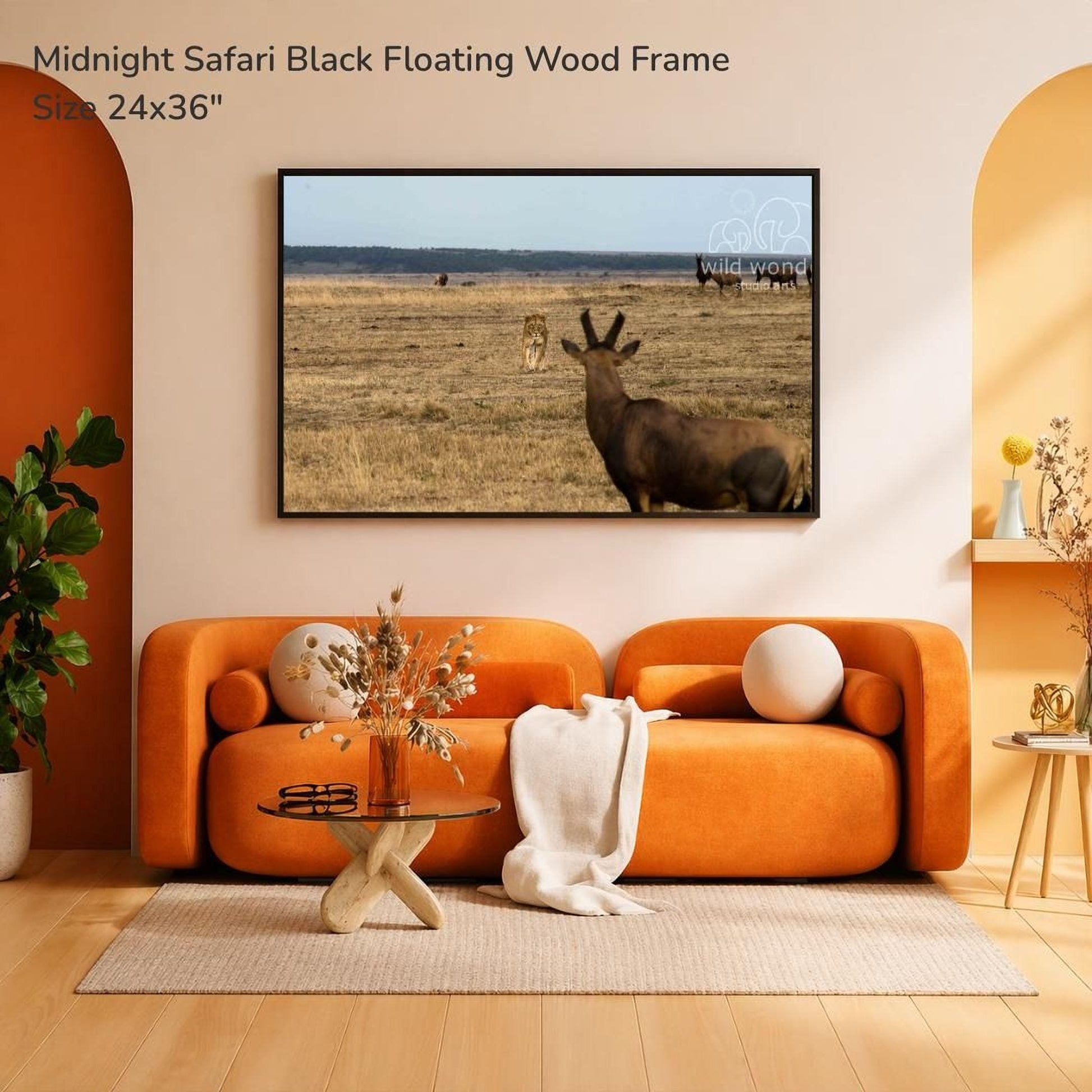 a large black floating wood frame hanging on a wall, displaying a photograph of a savannah scene with a lone animal. The frame is set against a white wall, and the image is described as a "Midnight Safari Black Floating Wood Frame" with a size of 24x36 inches. The room has an orange couch, a glass coffee table, and a potted plant, creating a cozy and inviting atmosphere.