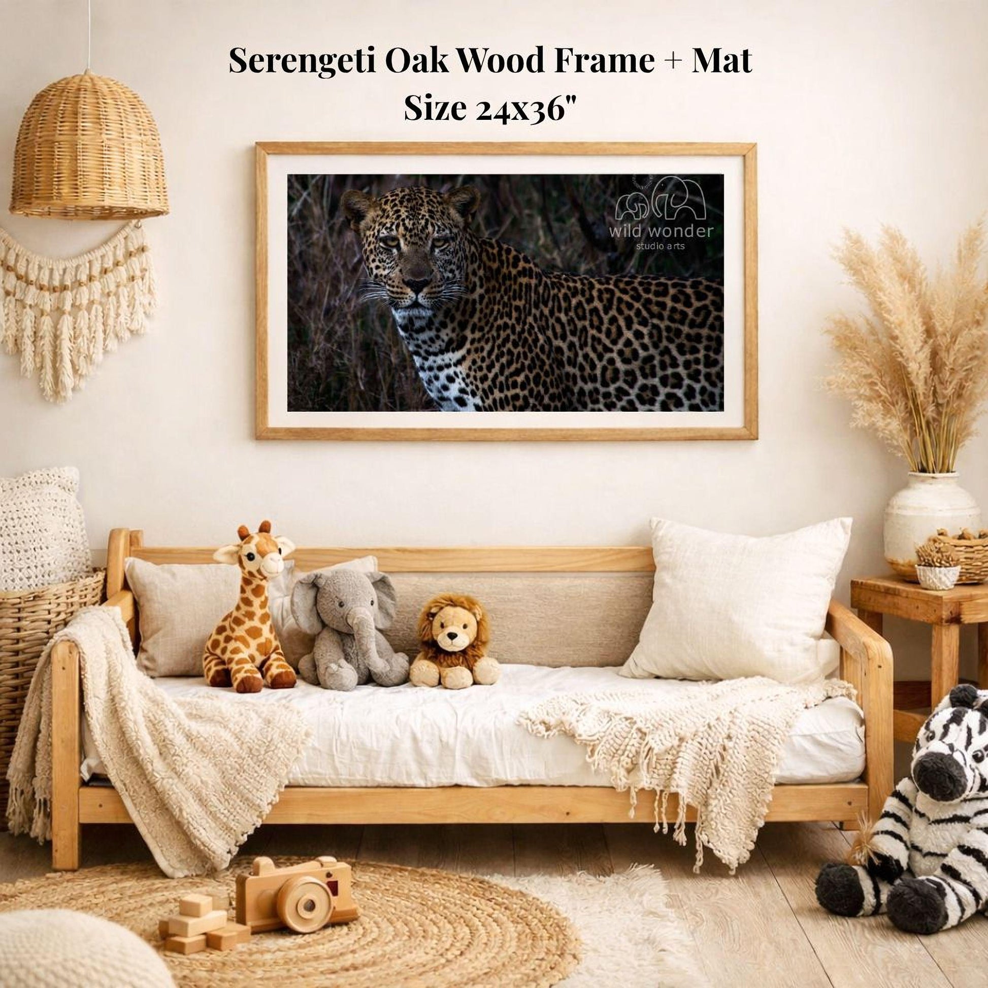 a serene indoor setting with a framed photograph of a leopard resting on a wooden frame, hanging on a wall above a wooden bench. The bench is adorned with stuffed animals, including a giraffe, an elephant, and a lion. The overall scene conveys a sense of tranquility and natural beauty, with the leopard and the stuffed animals adding a touch of playfulness to the composition.