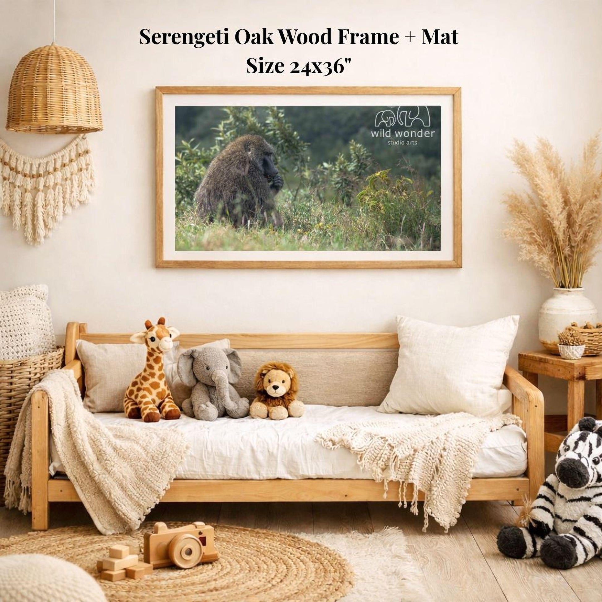 a serene indoor setting with a wooden frame and mat hanging on the wall, displaying a photograph of a brown bear in a grassy field. The room is decorated with various stuffed animals, including a giraffe, elephant, lion, and zebra, arranged on a couch and a rug.