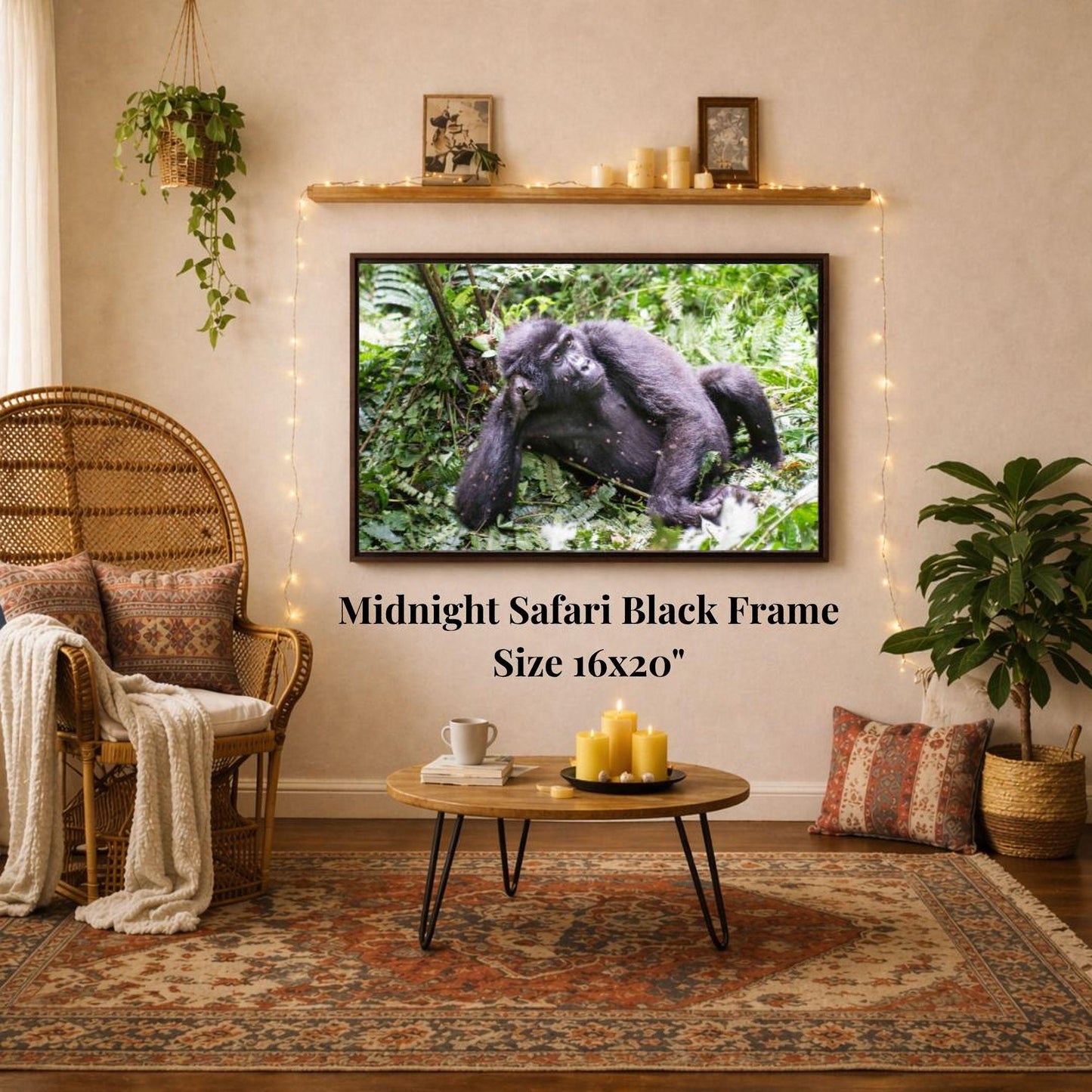 a living room with a large framed photograph of a gorilla hanging on the wall. The photograph is in a black frame and is 16x20 inches in size. The room has a cozy and inviting atmosphere, with a wicker chair, a coffee table, and a potted plant. The overall layout and decor suggest a comfortable and relaxing space.