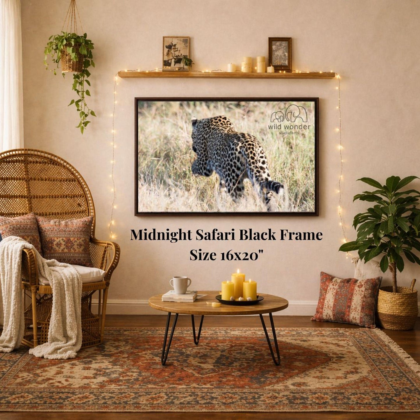 a living room with a large framed photograph of a leopard on the wall, a wicker chair, a coffee table, and a potted plant.