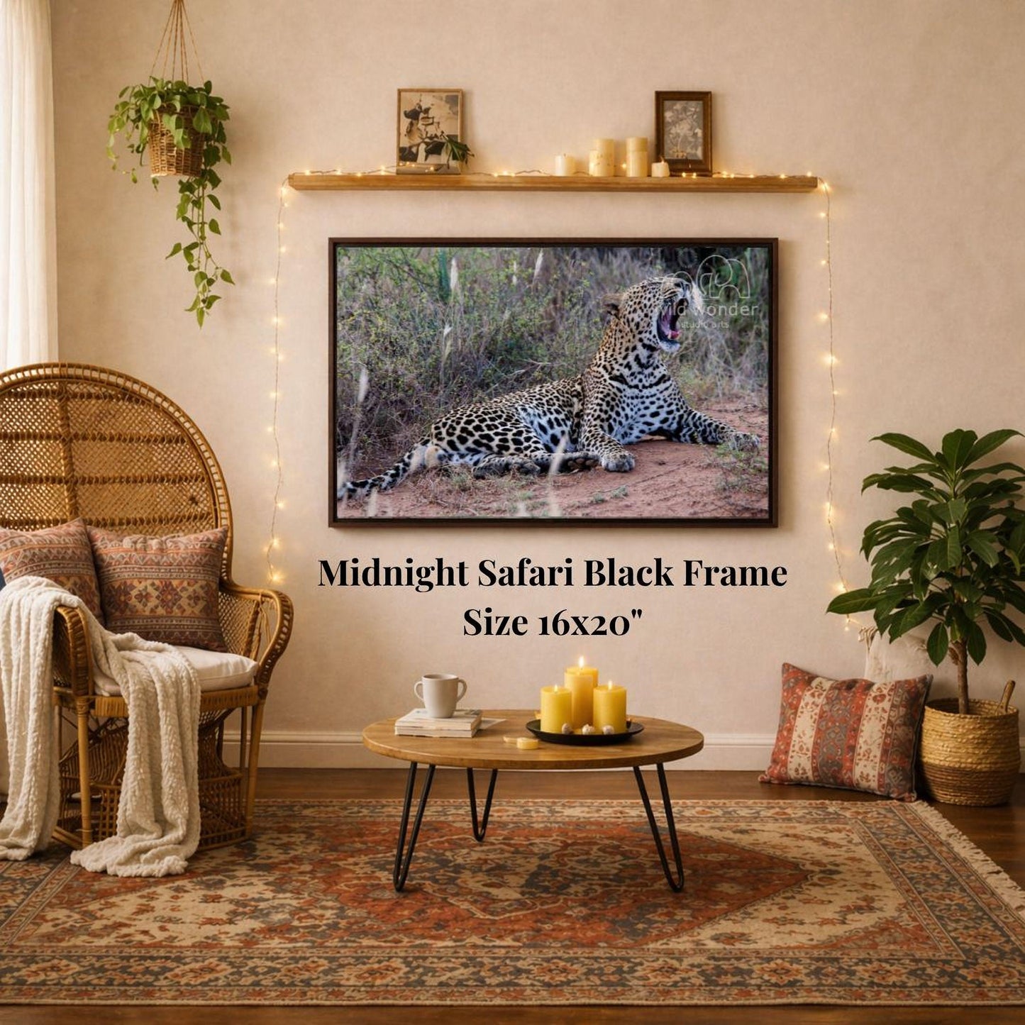 a living room with a large framed photograph of a leopard on the wall, a wicker chair, a coffee table, and a potted plant.