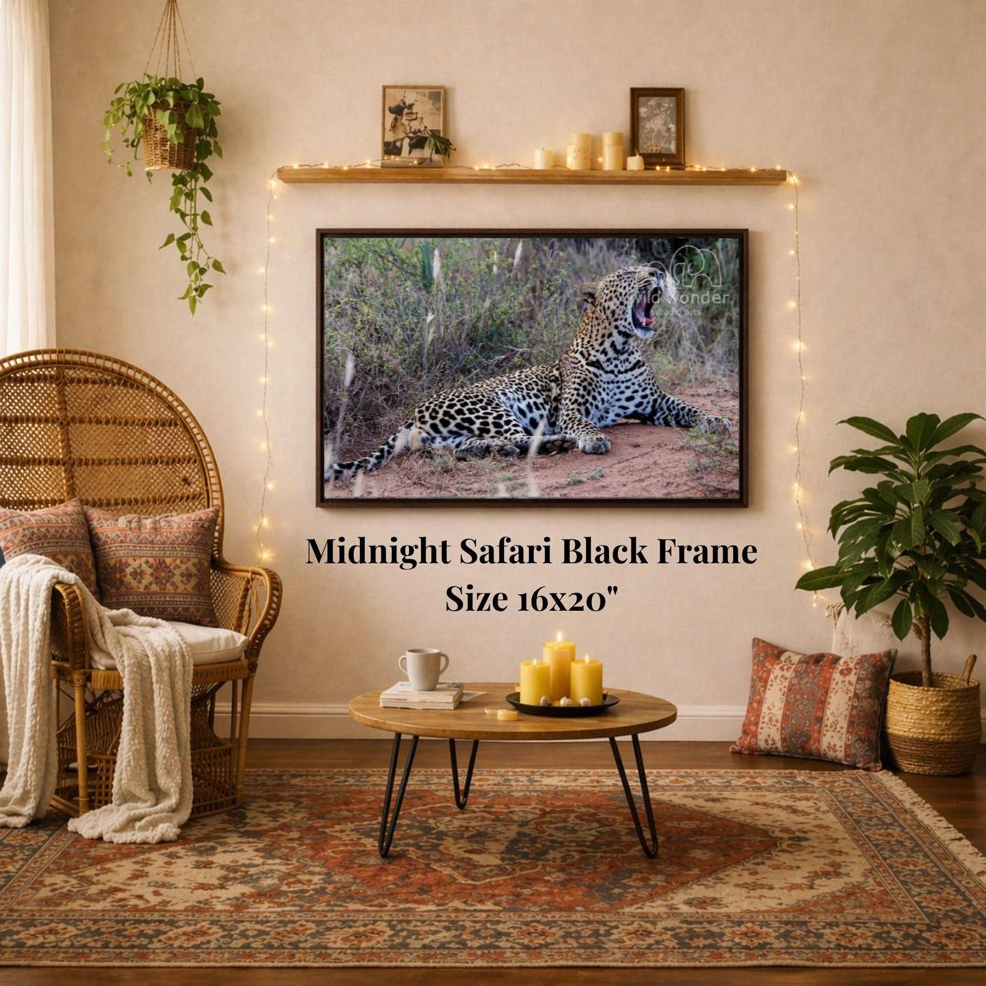 a living room with a large framed photograph of a leopard on the wall, a wicker chair, a coffee table, and a potted plant.