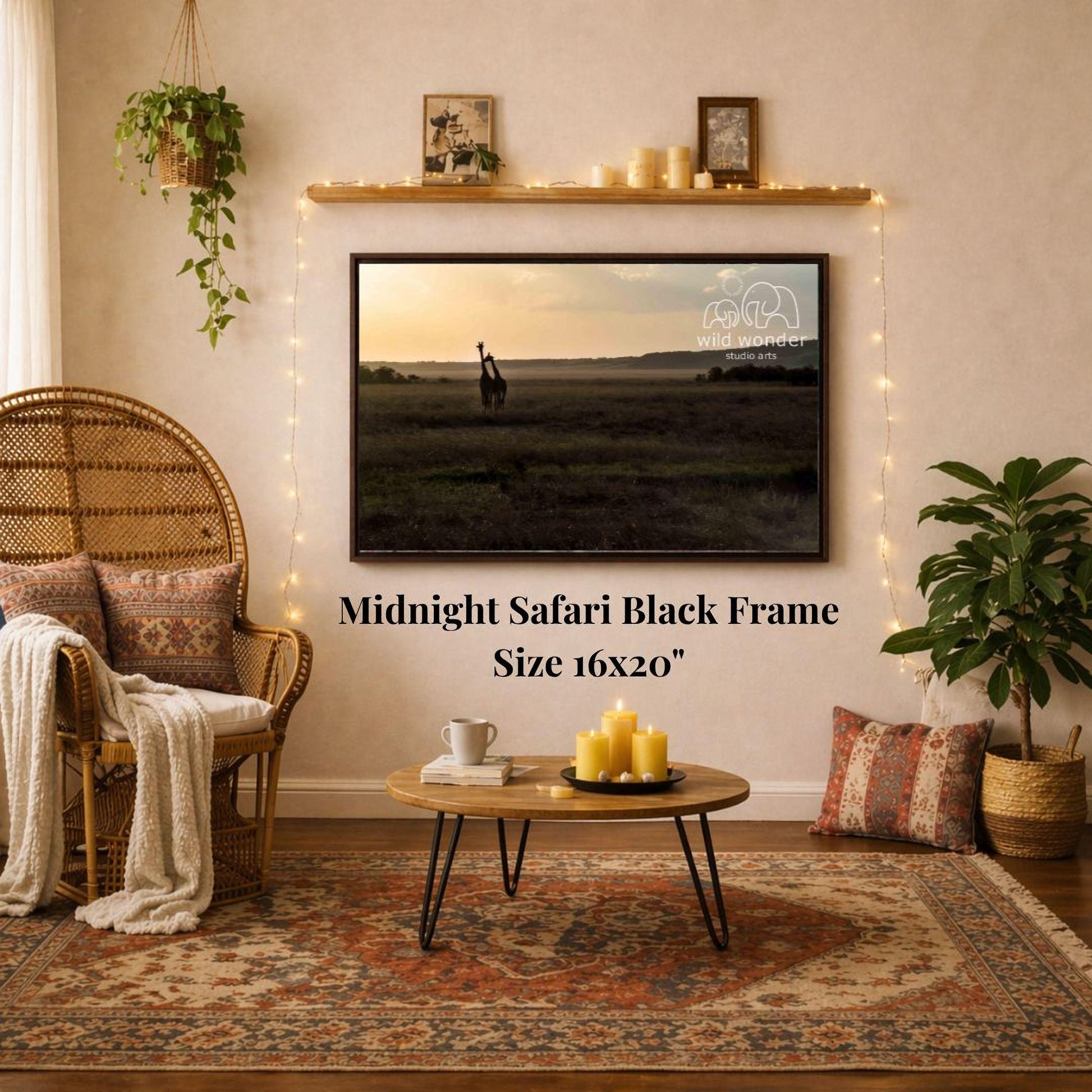 a cozy living room with a large framed picture of a safari scene hanging on the wall, a wicker chair, a coffee table, and a potted plant.