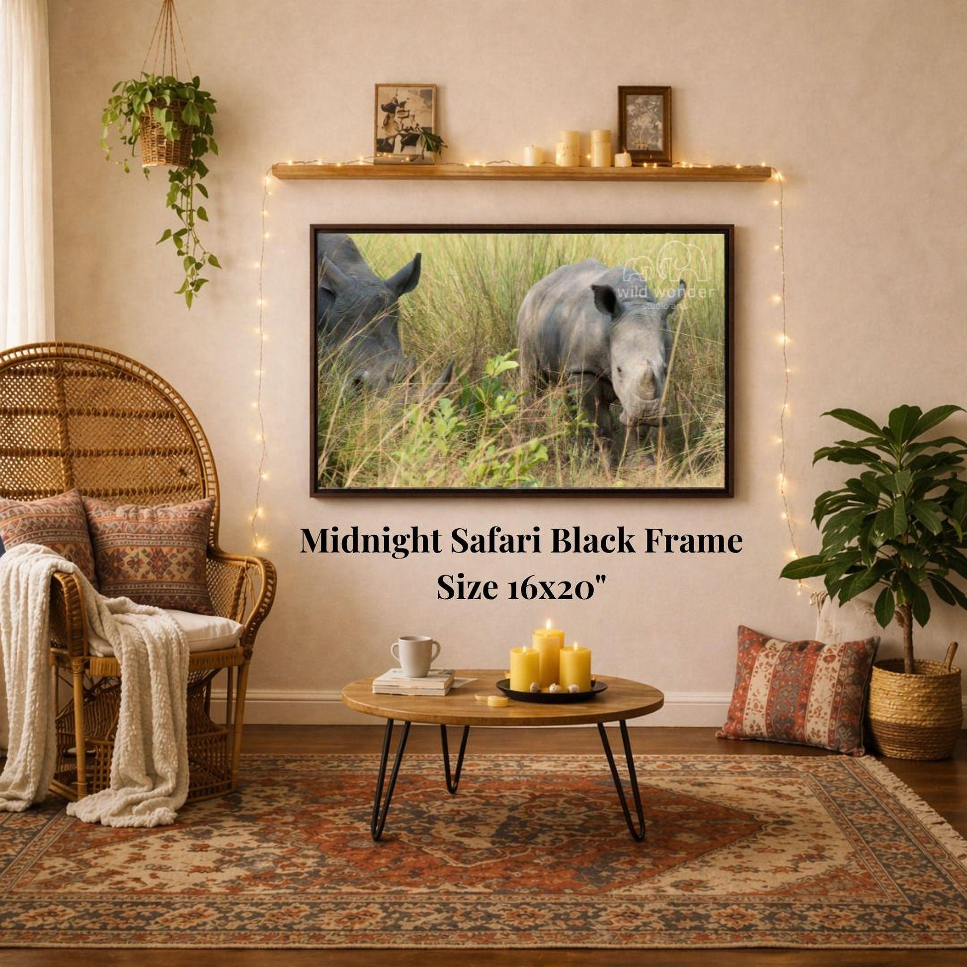 a living room with a large framed photograph of two rhinos in a grassy field hanging on the wall. The photograph is framed in a black frame and is 16x20 inches in size. The living room has a wicker chair, a coffee table, and a potted plant, creating a cozy and inviting atmosphere.