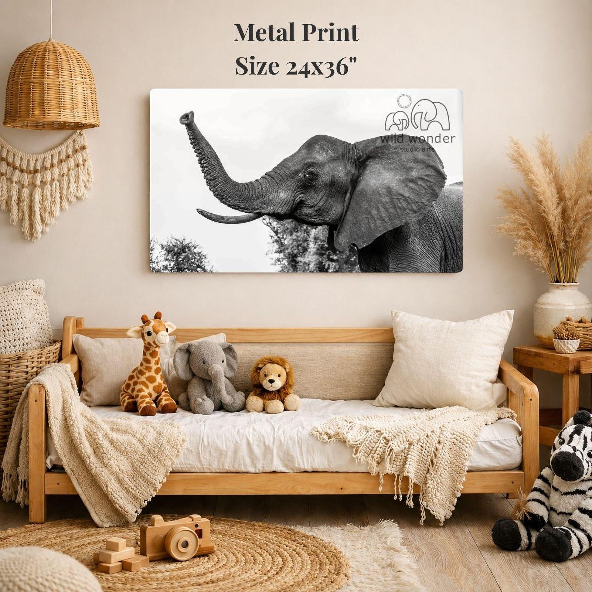 a cozy living room with a large metal print of an elephant on the wall, surrounded by various stuffed animals and a woven basket.