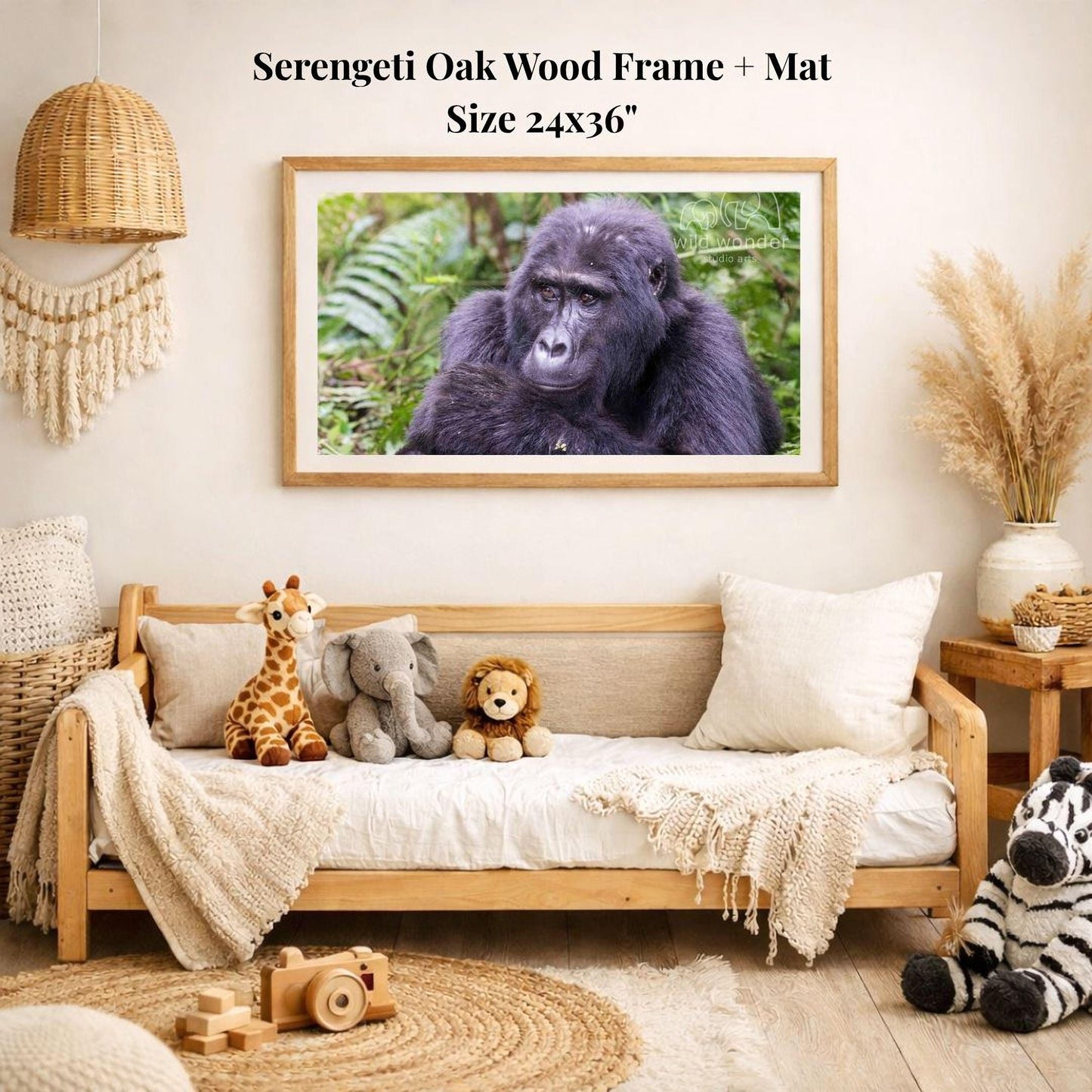 a serene indoor setting with a wooden frame and mat hanging on the wall, displaying a photograph of a gorilla. The room is decorated with various items, including a wooden bench, a stuffed giraffe, a stuffed lion, and a stuffed zebra.