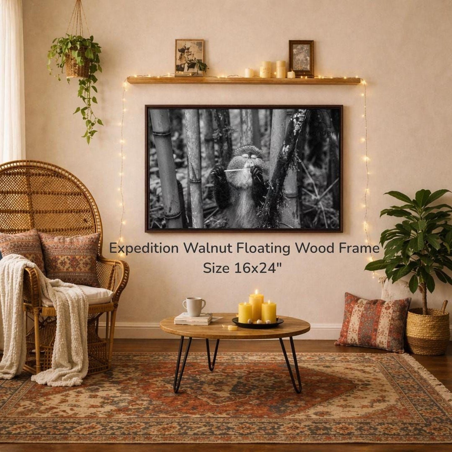 a cozy living room with a large 16x24" walnut floating wood frame hanging on the wall, a wicker chair, a coffee table with candles, and a potted plant.