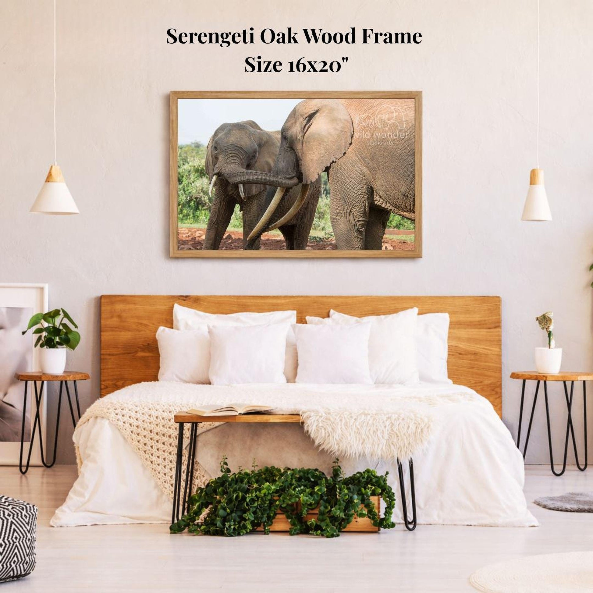 a serene bedroom scene with a large framed photograph of two elephants on the wall above a bed with white bedding.