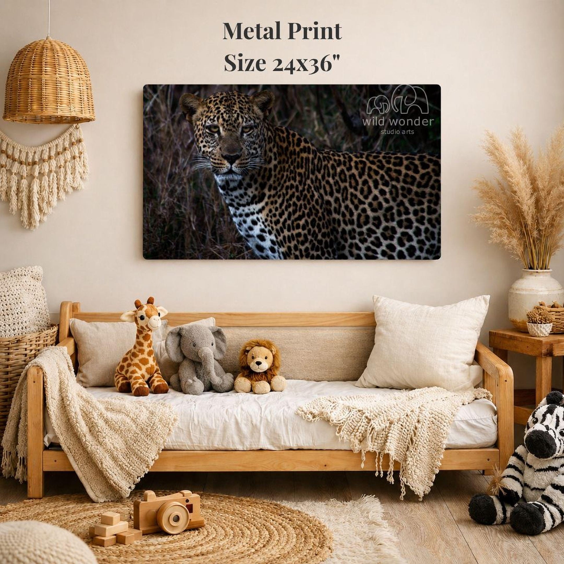 a large metal print of a leopard on the wall, with a cozy living room setting in the foreground.