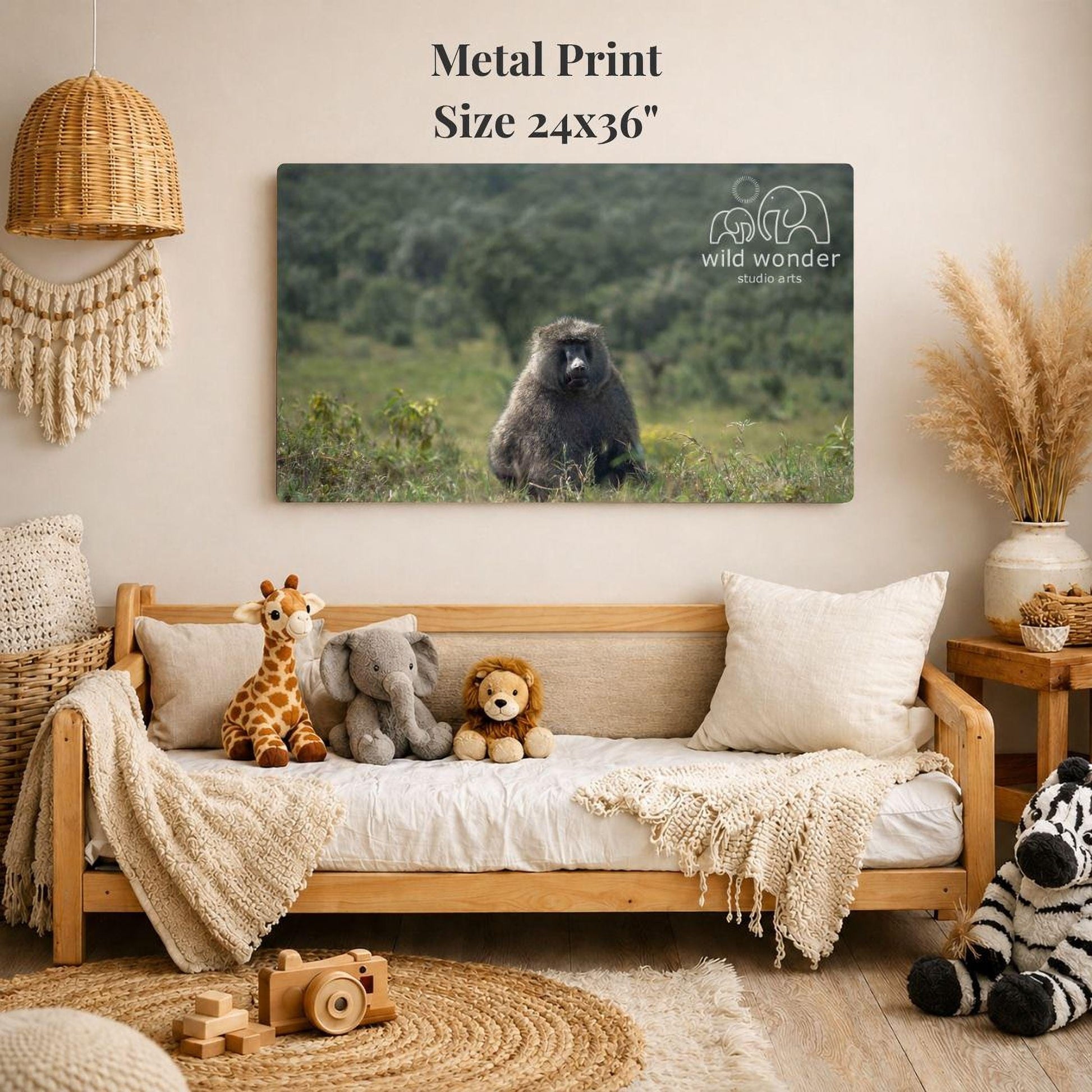 a cozy living room with a large metal print of a black and white photograph of a monkey on the wall, surrounded by various stuffed animals and a woven basket.