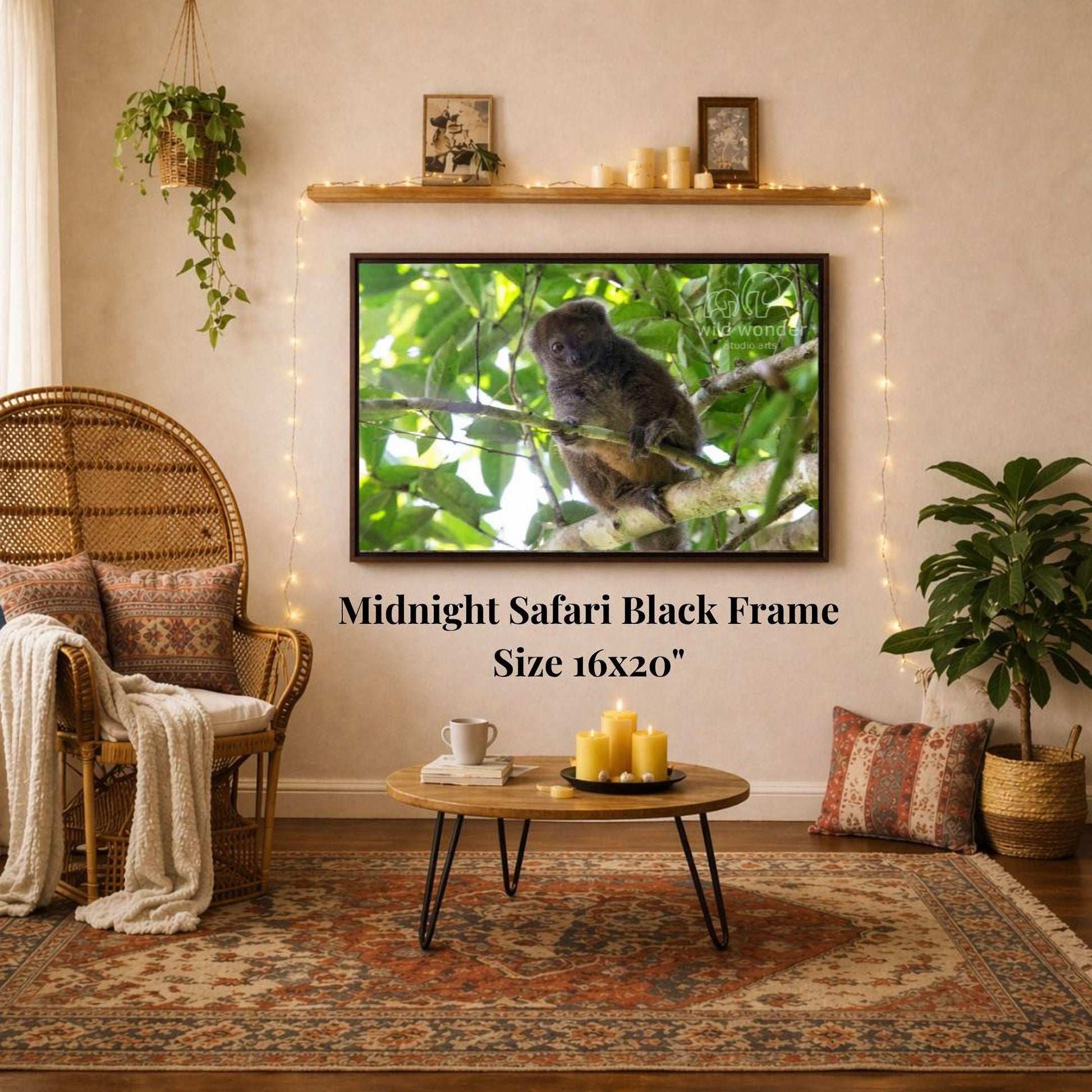 a cozy living room with a large framed photograph of a nocturnal animal, likely a primate or rodent, hanging on the wall above a coffee table. The room is decorated with various plants, candles, and a woven chair, creating a warm and inviting atmosphere.