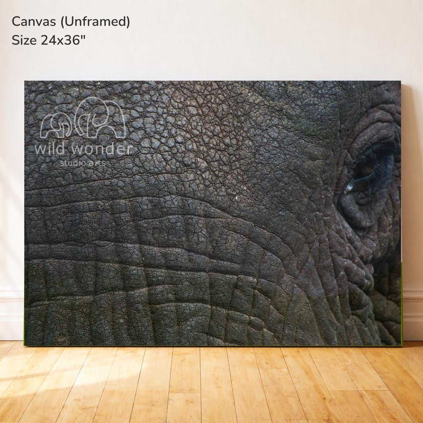 The image is a large canvas print depicting the close-up of an elephant's eye and the wrinkled skin texture of its face.