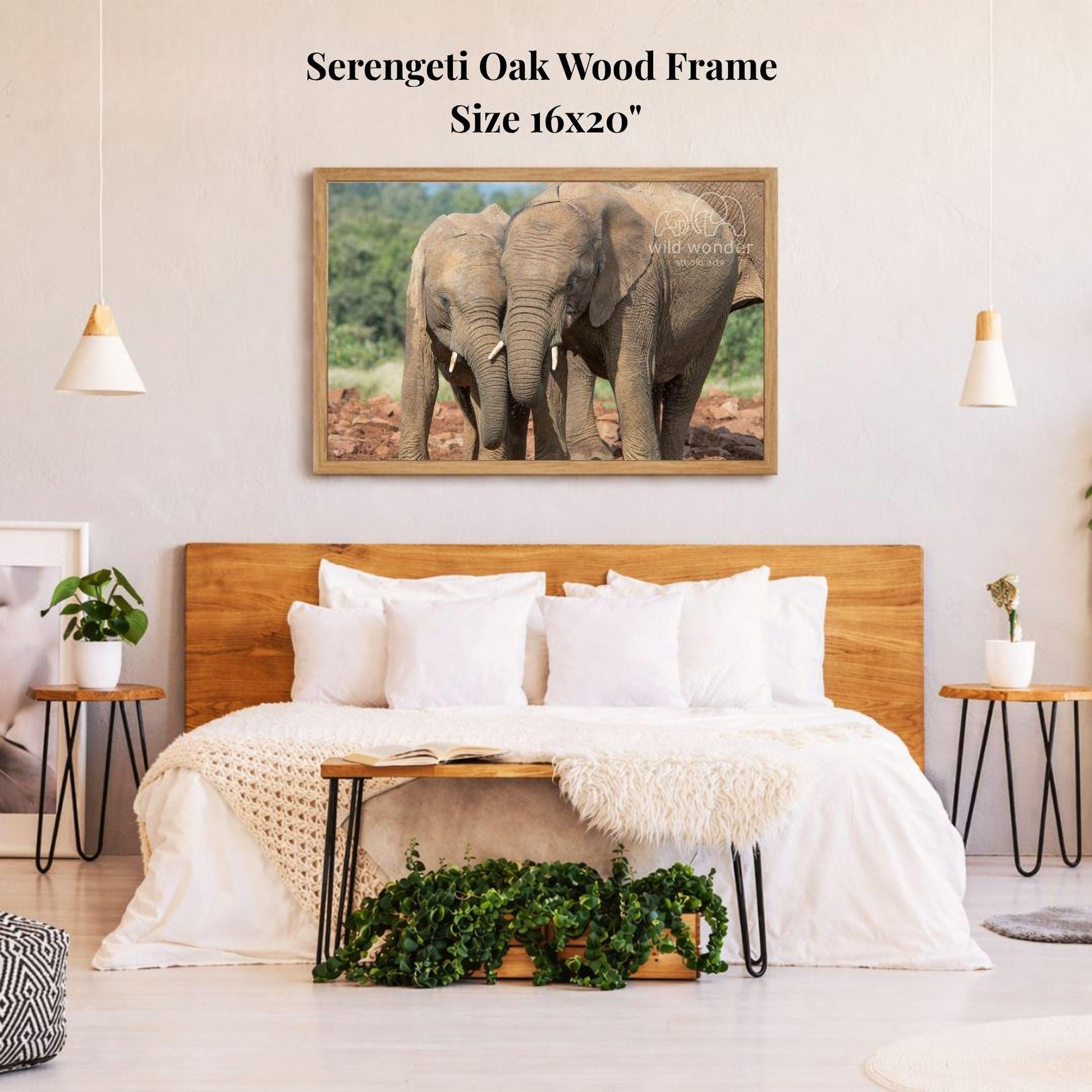 a serene bedroom scene with a large framed photograph of two elephants standing close together on a wooden frame above a bed with white bedding.