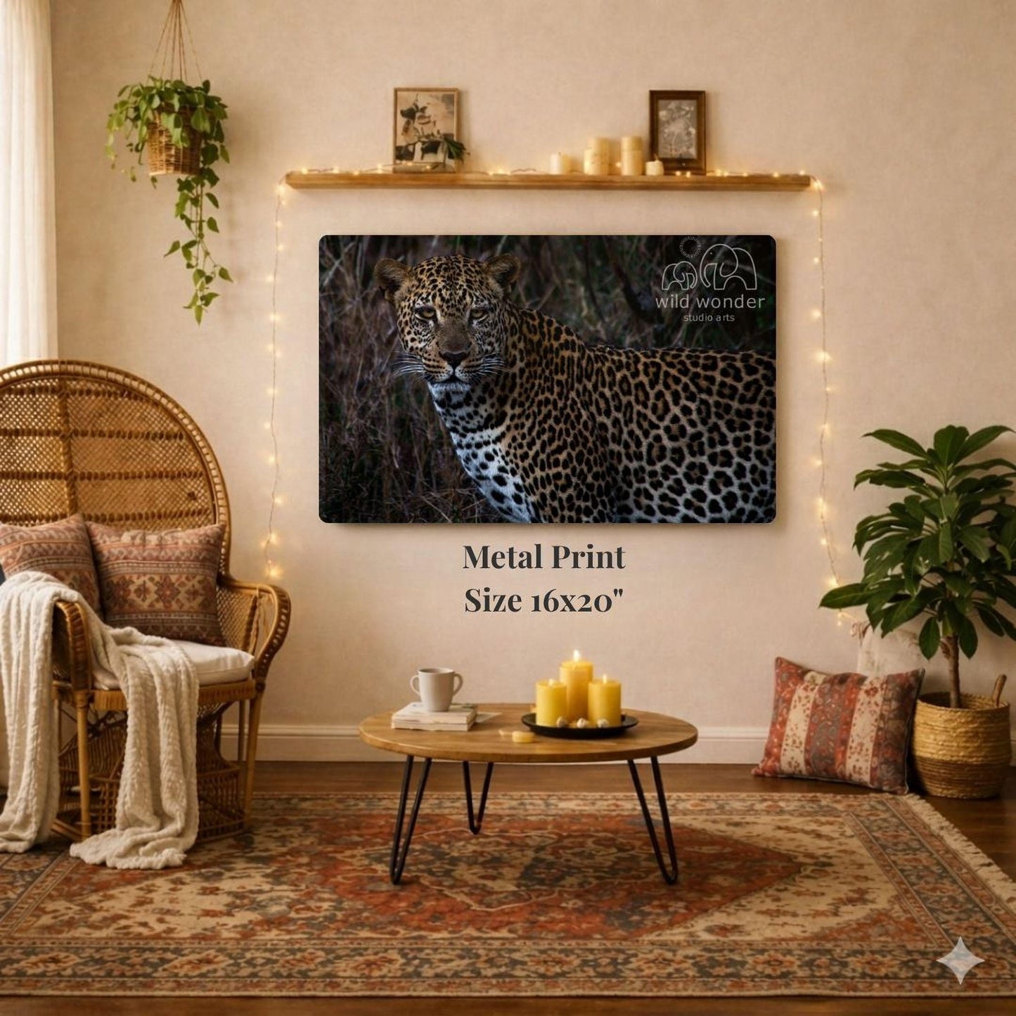 a large metal print of a leopard on a wall, with a wicker chair, a coffee table, and a potted plant in the background.