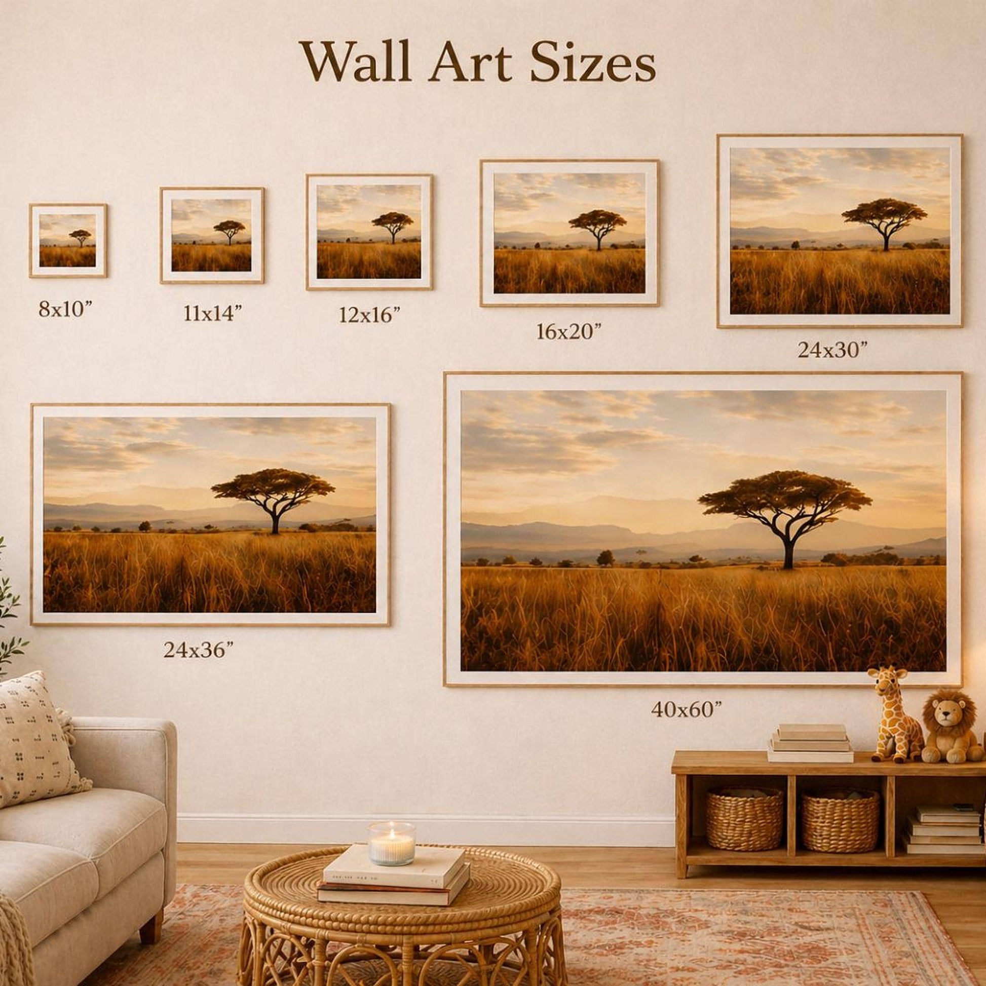 a collection of wall art sizes, including a large framed picture of a tree in a field, smaller framed pictures, and a large framed picture of a tree in a field. The wall art sizes range from 8x10" to 24x36" and are organized in a grid format.