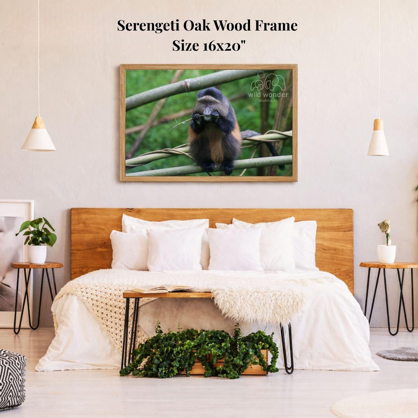 a serene bedroom scene with a large, 16x20" framed photograph of a monkey perched on a branch hanging on the wall above a bed with white bedding.