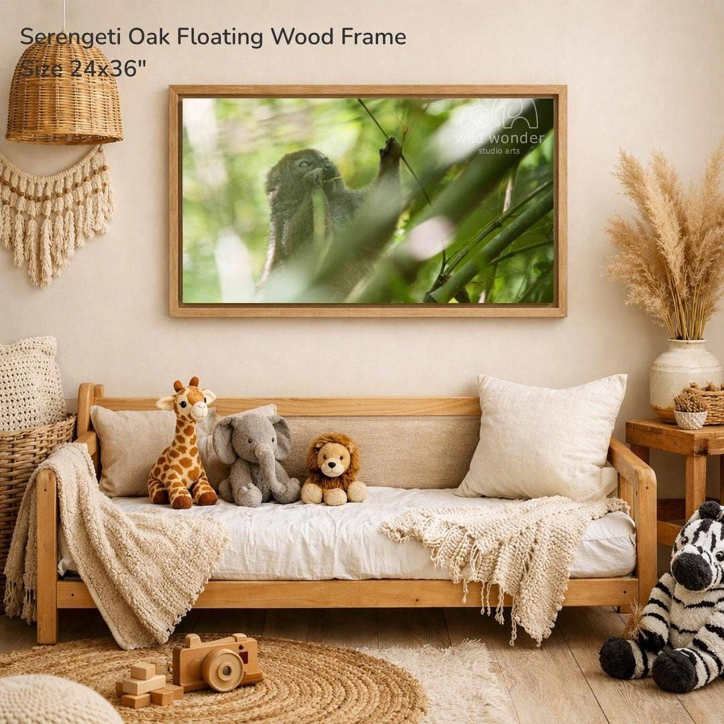 a cozy living room with a wooden sofa, a wooden coffee table, and various decorative elements such as a woven basket, a potted plant, and a framed photograph of a bird.