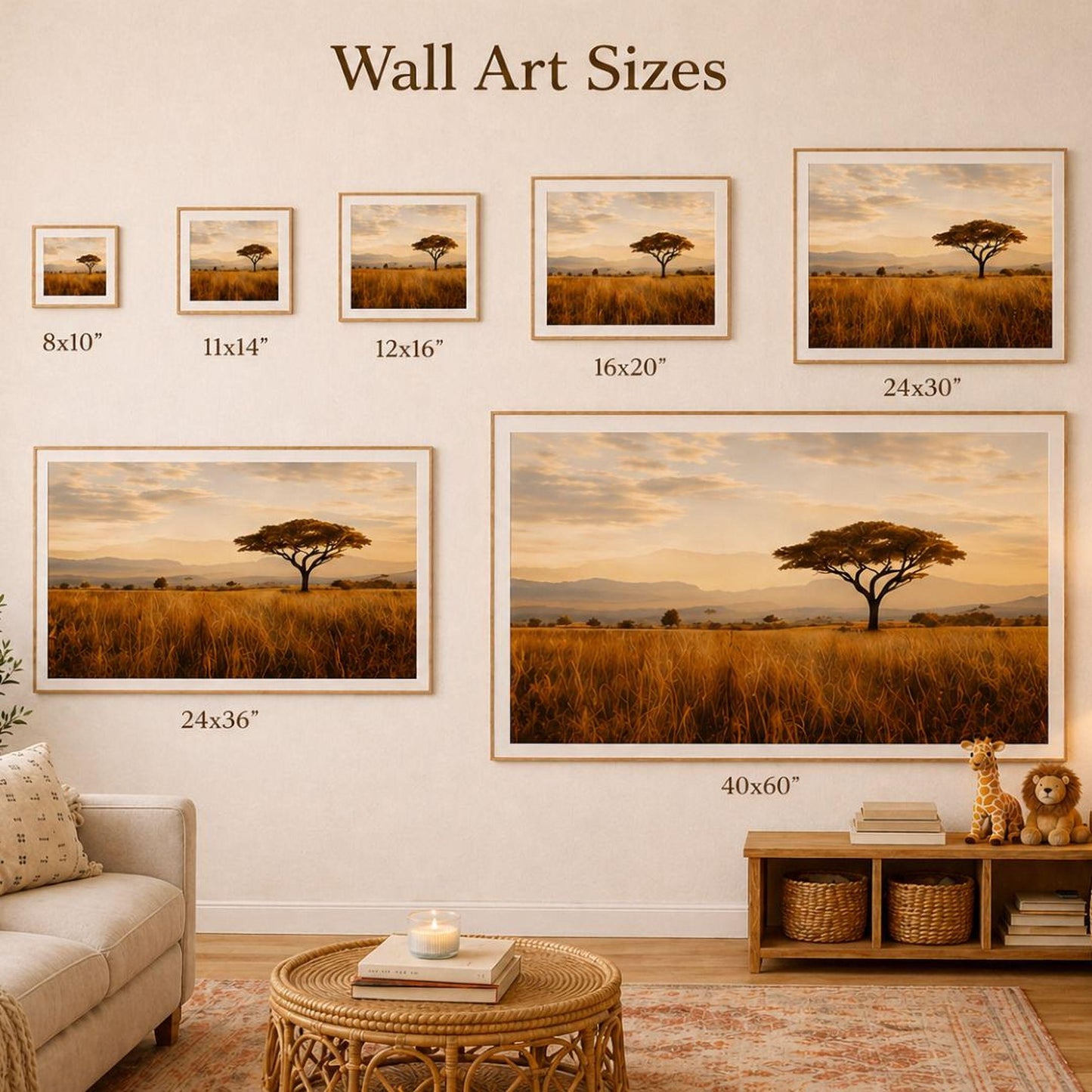 a collection of wall art sizes, including a large framed picture of a tree in a field, smaller framed pictures, and a large framed picture of a tree in a field. The wall art sizes range from 8x10" to 24x36" and are organized in a grid format.