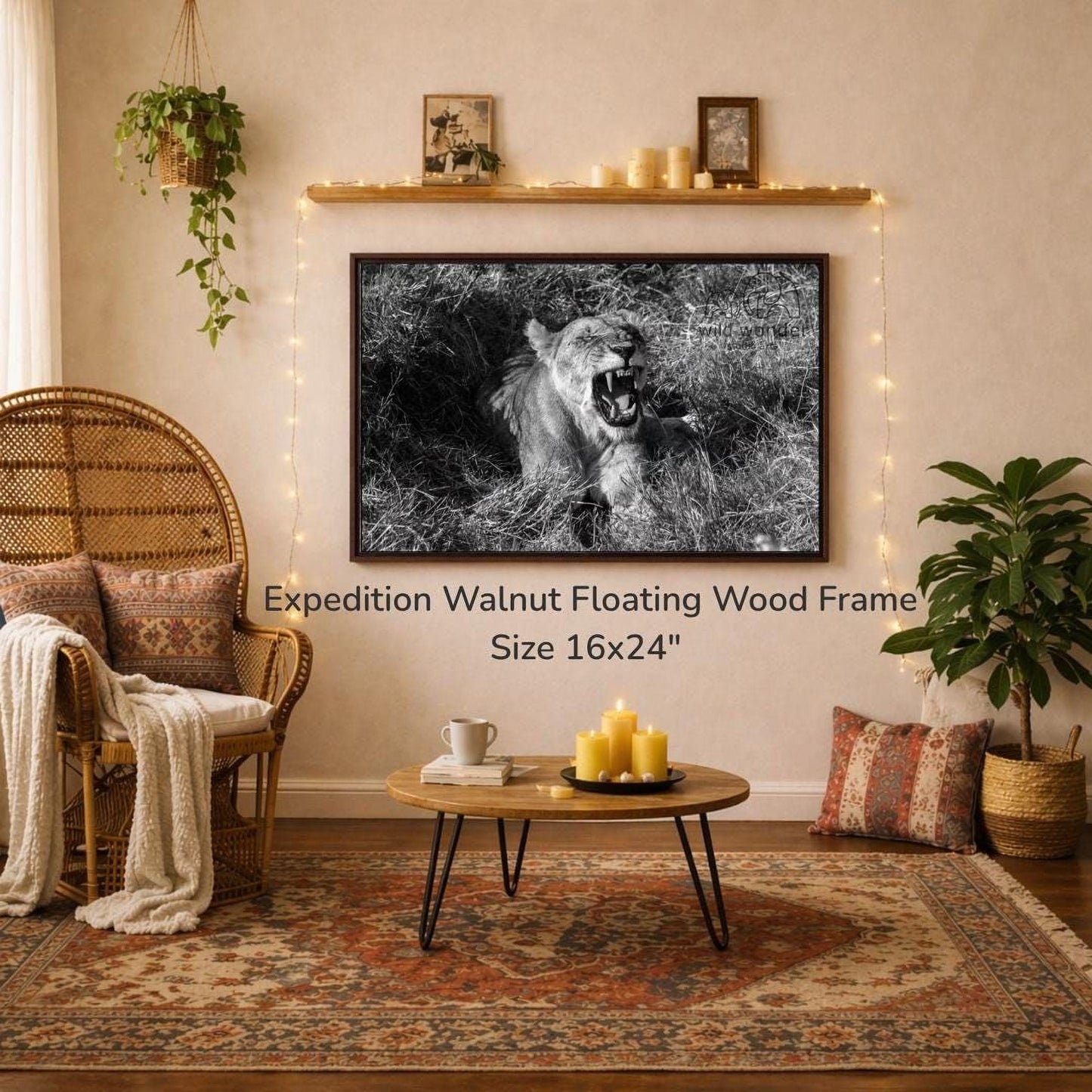 a living room with a large black and white photograph of a lion on the wall, a wicker chair, a coffee table, and a potted plant.