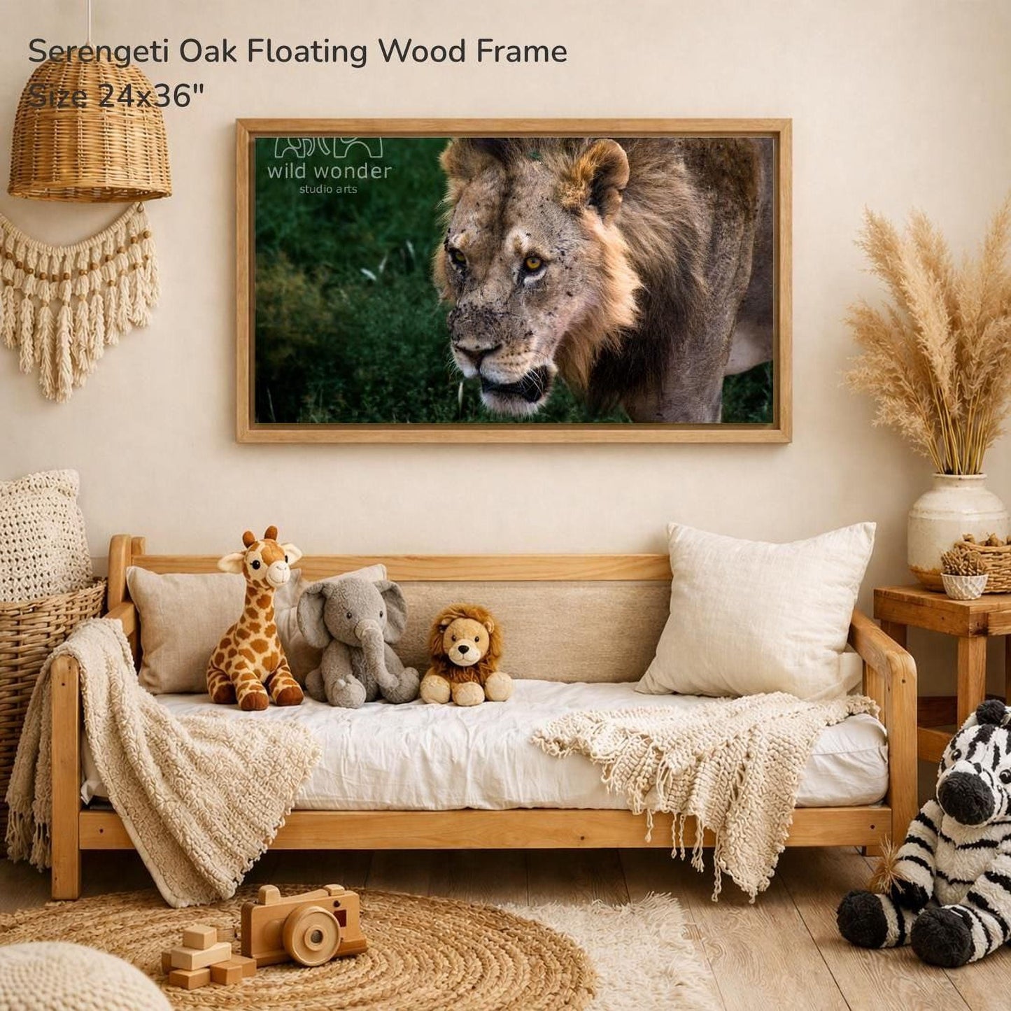 a serene indoor setting with a wooden frame hanging on a wall, displaying a photograph of a lion. The frame is surrounded by various stuffed animals, including a giraffe, an elephant, and a lion, creating a cozy and playful atmosphere.