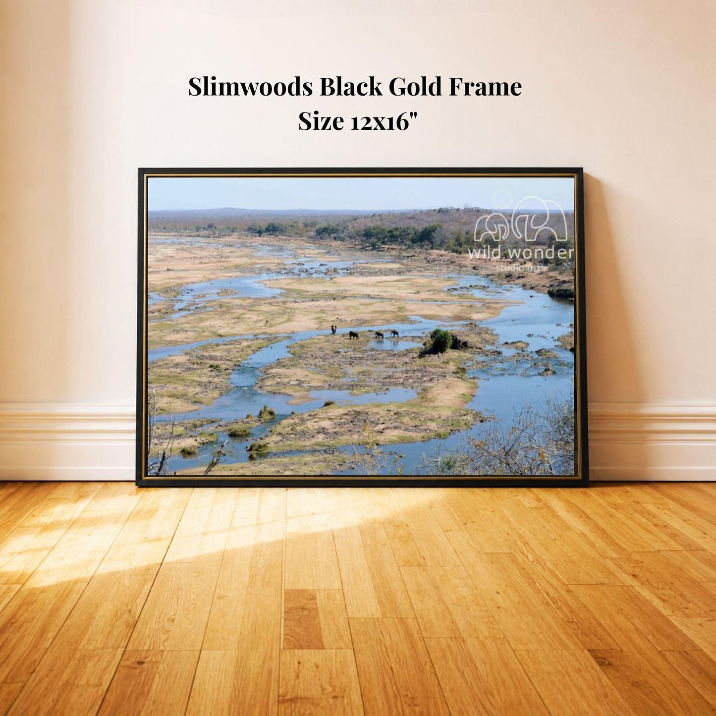 A framed photograph of a scenic landscape, featuring a river, grasslands, and a distant horizon.