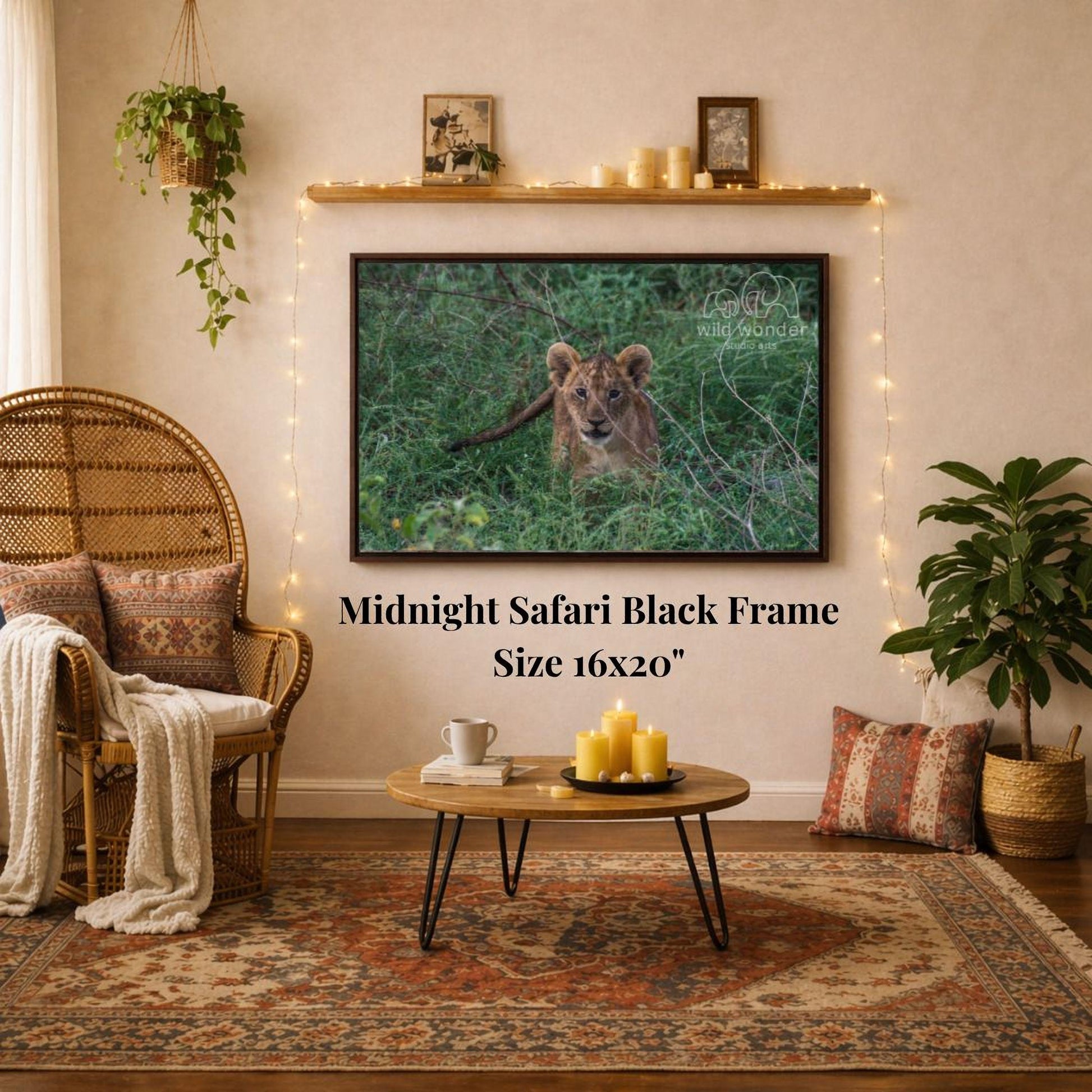 a living room with a large framed photograph of a lion on the wall, a wicker chair, a coffee table, and a potted plant.