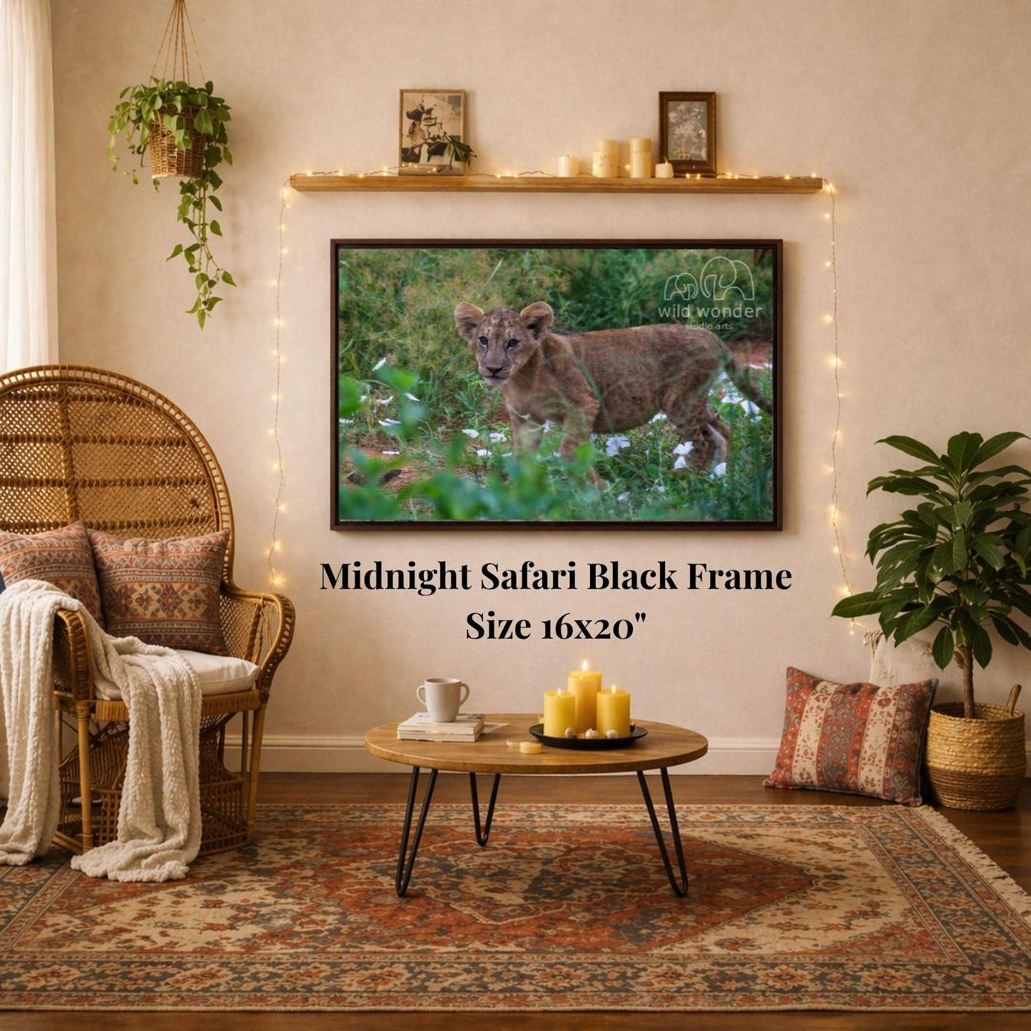a living room with a large framed photograph of a young lion in a grassy field hanging on the wall. The photograph is framed in a black frame and is 16x20 inches in size. The room is decorated with a wicker chair, a coffee table, and a potted plant, creating a cozy and inviting atmosphere.