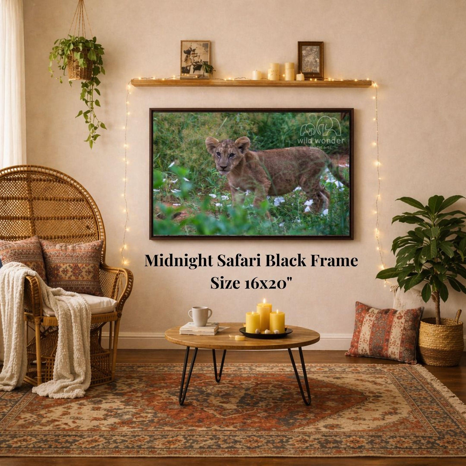 a living room with a large framed photograph of a young lion in a grassy field hanging on the wall. The photograph is framed in a black frame and is 16x20 inches in size. The room is decorated with a wicker chair, a coffee table, and a potted plant, creating a cozy and inviting atmosphere.