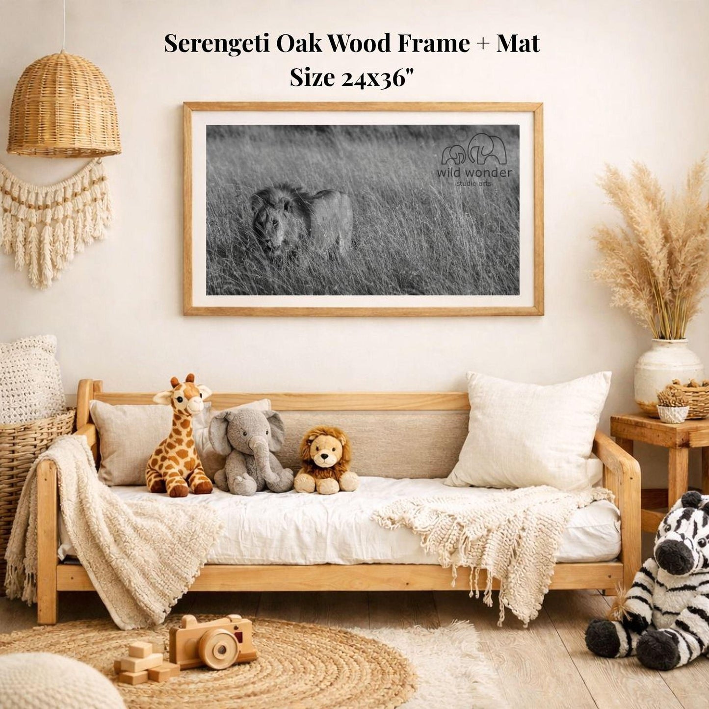 a serene indoor setting with a wooden frame and mat hanging on the wall, a sofa with stuffed animals, and a woven basket nearby.