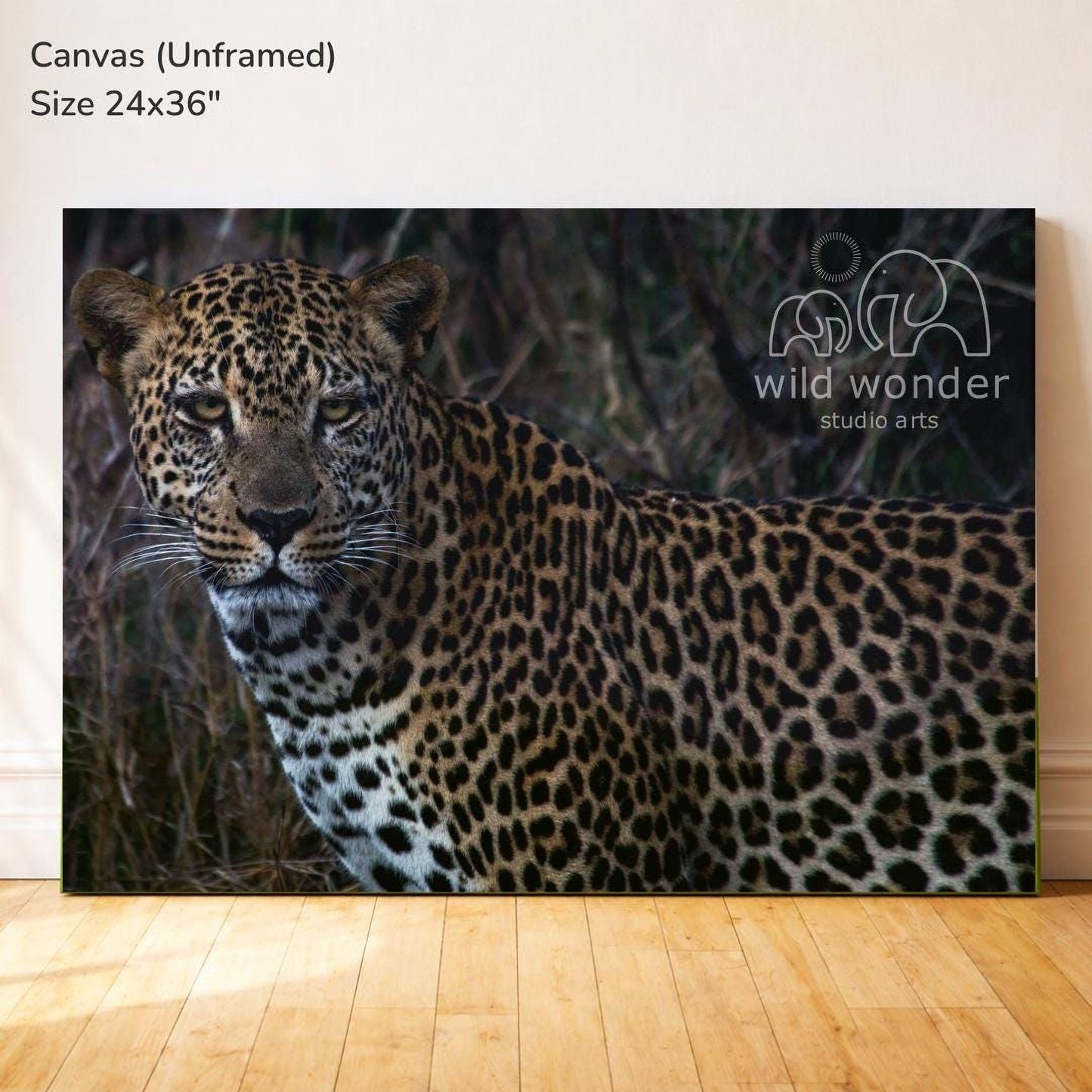 A large canvas print featuring a close-up of a leopard in its natural habitat, with the text "wild wonder studio arts" and the size "Size 24x36" printed on the canvas.