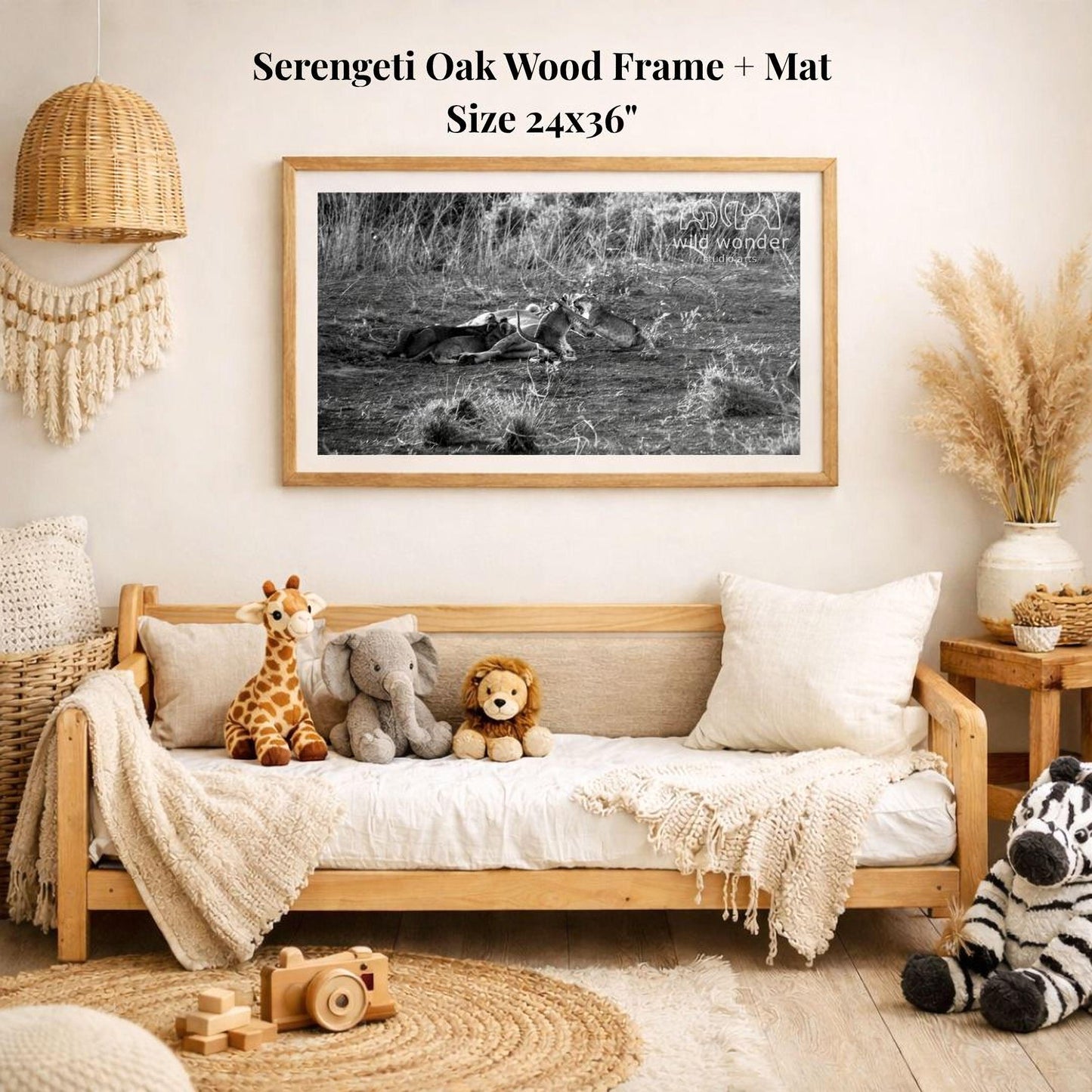 a cozy living room with a wooden sofa, a framed photograph of a lion and a zebra, and various stuffed animals. The room has a rustic and natural aesthetic, with a woven basket and a woven rug adding to the warm and inviting atmosphere.
