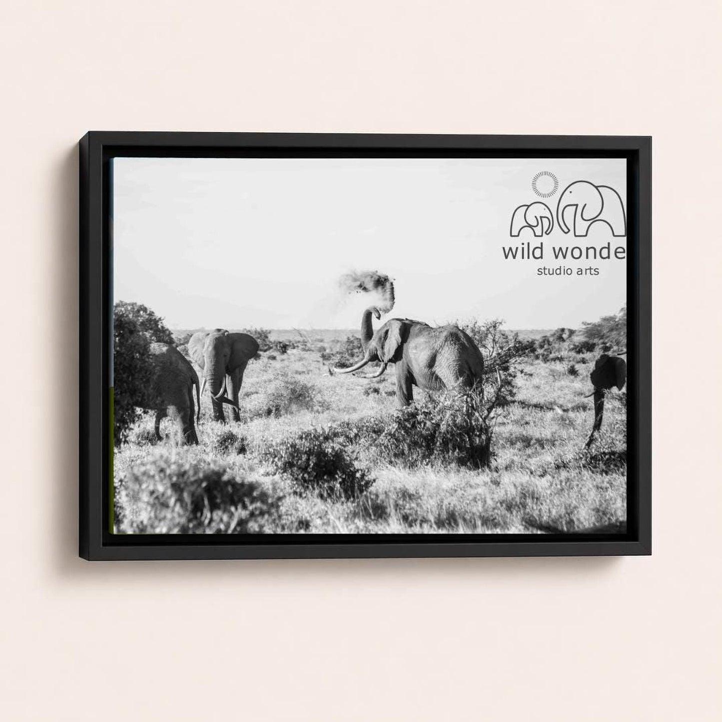 A black and white photograph of a group of elephants in a grassy field, with the text "wild wonder studio arts" displayed in the top right corner.