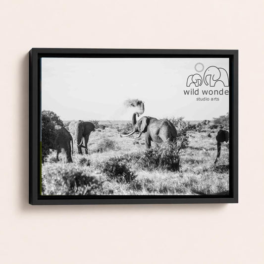 A black and white photograph of a group of elephants in a grassy field, with the text "wild wonder studio arts" displayed in the top right corner.