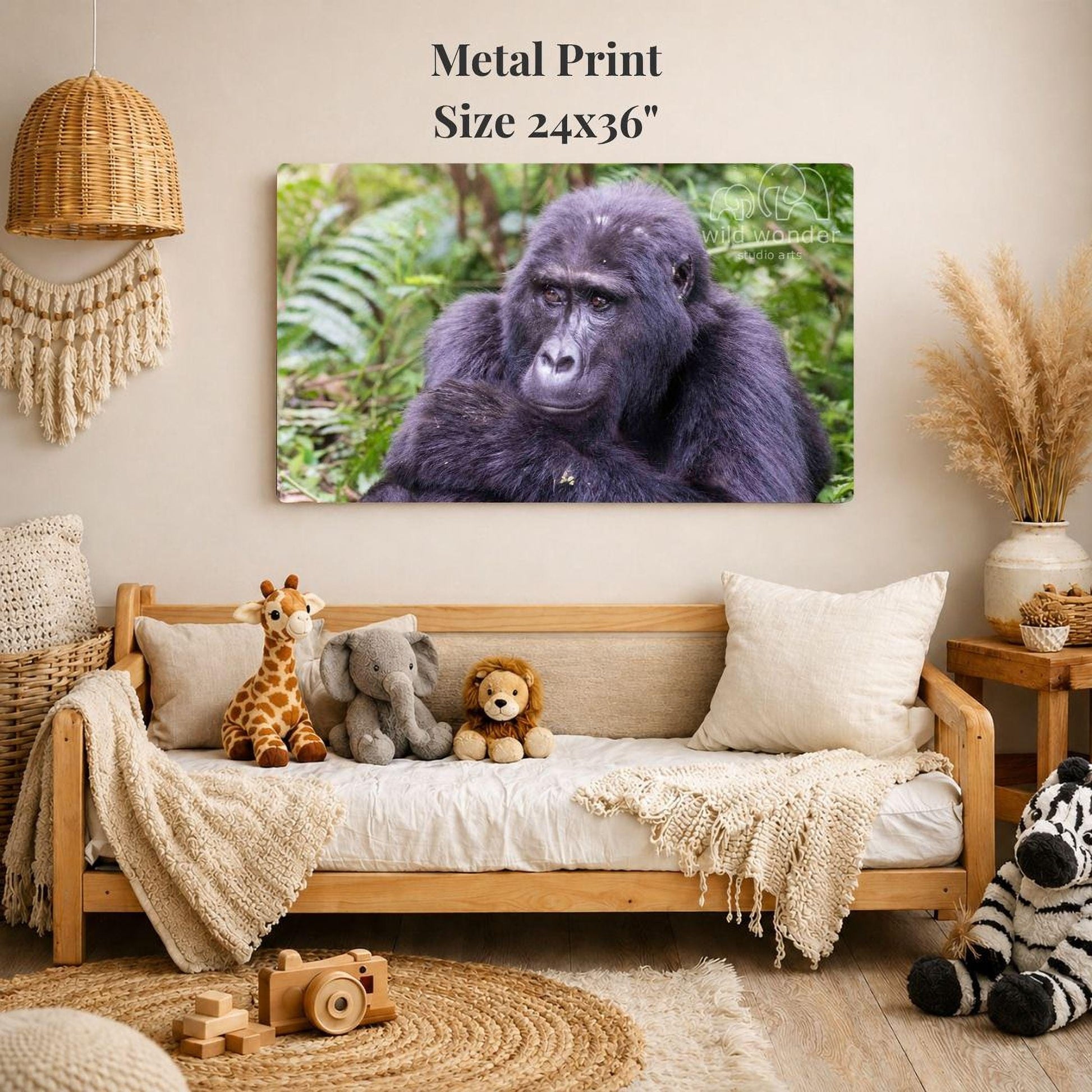 a large metal print of a gorilla on a wall, surrounded by various stuffed animals and a cozy living room setting.